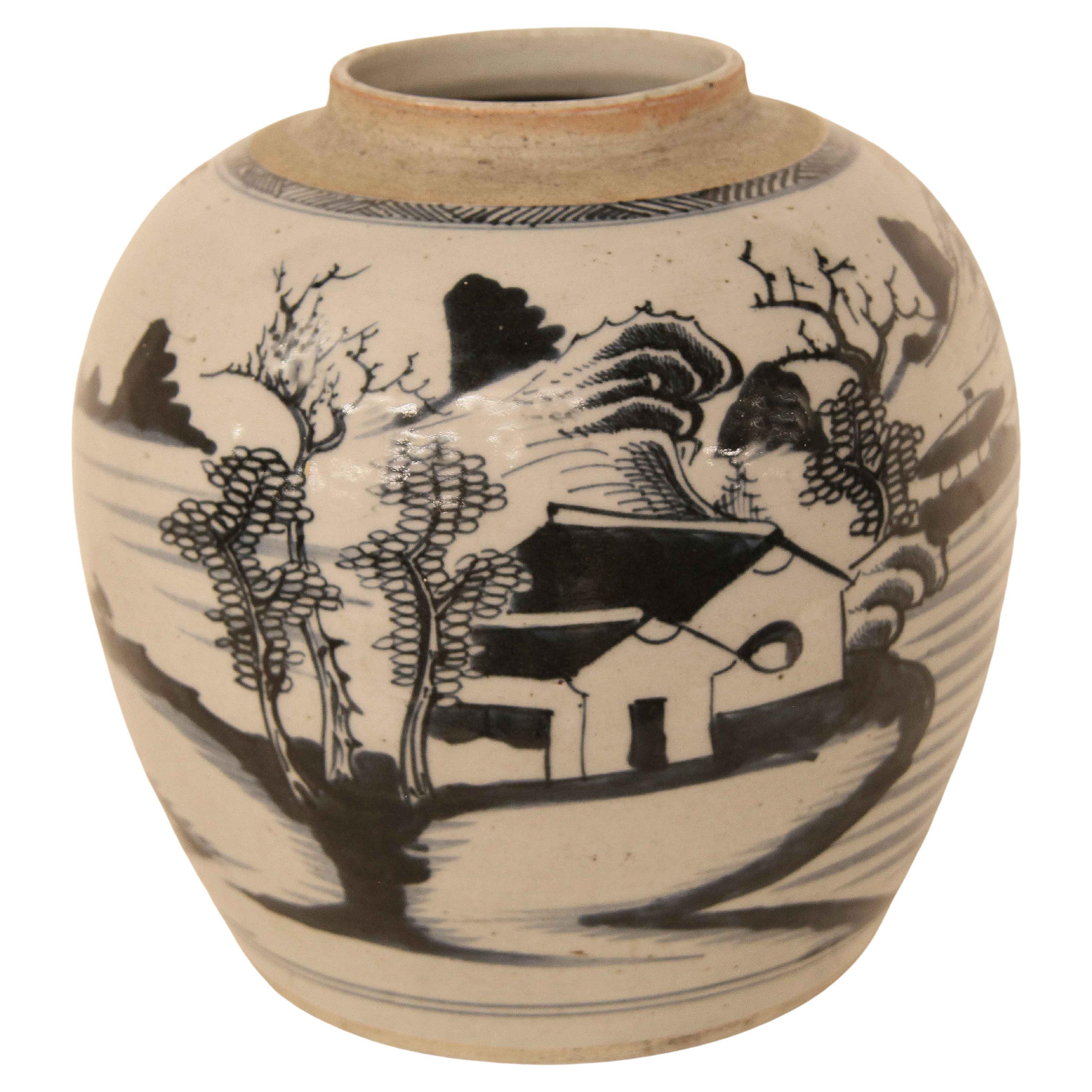 Large Chinese Canton Blue and White Ginger Jar For Sale