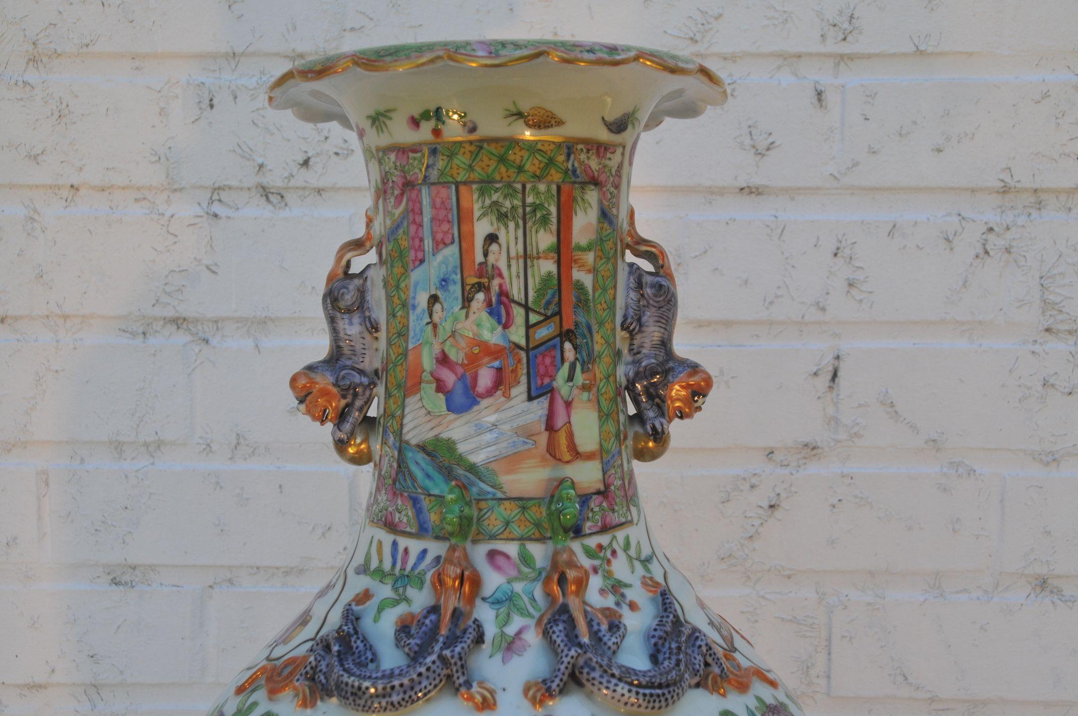 Glazed Large Chinese Canton Famille Rose Baluster Vase For Sale