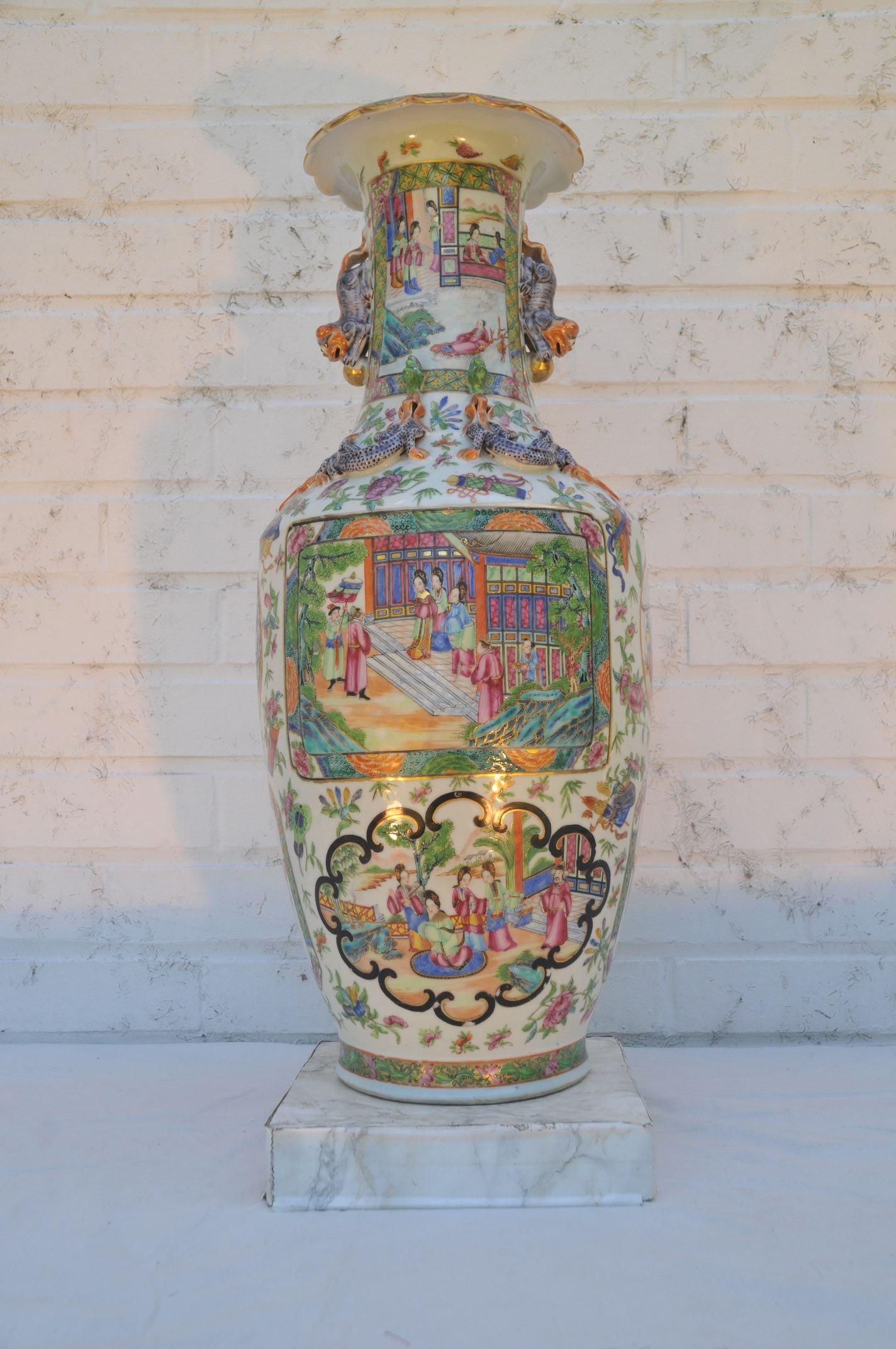 Porcelain Large Chinese Canton Famille Rose Baluster Vase For Sale