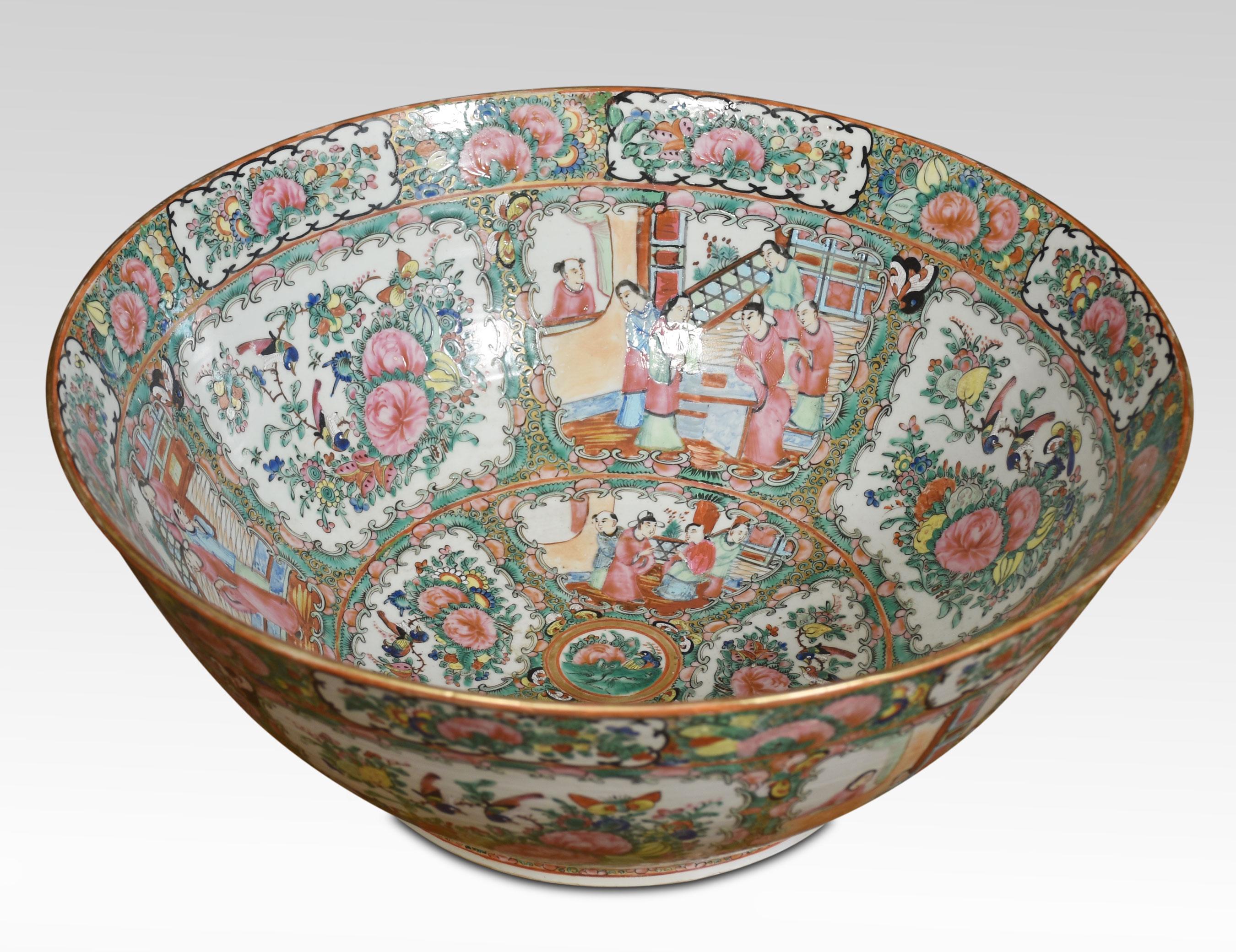 19th century enamelled Chinese export porcelain Canton Famille rose punchbowl. Enamelled with panels of scholars beneath a gilt band of butterflies, birds and flowers. (signs of an old repair)
Dimensions
Height 6.5 Inches
Width 15.5 Inches
Depth