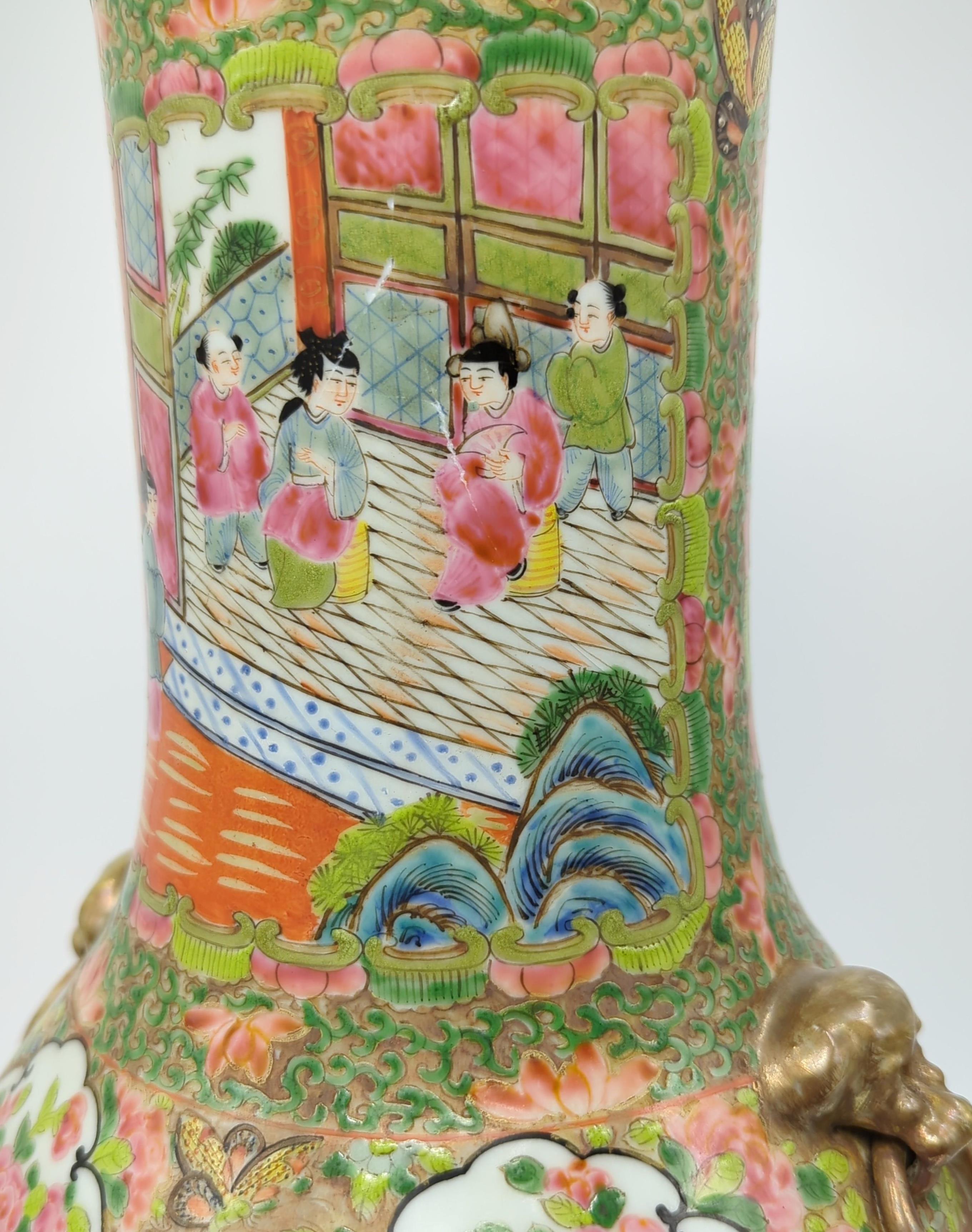 Große chinesische Kanton-Rosenmedaillon-Vase mit Medaillon-Vase und vergoldetenBratenringgriffen, 19-20c im Angebot 6