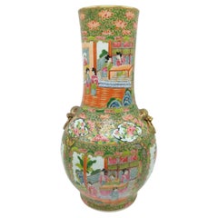 Large Chinese Canton Rose Medallion Vase Gilt Beast Ring Handles 19-20c