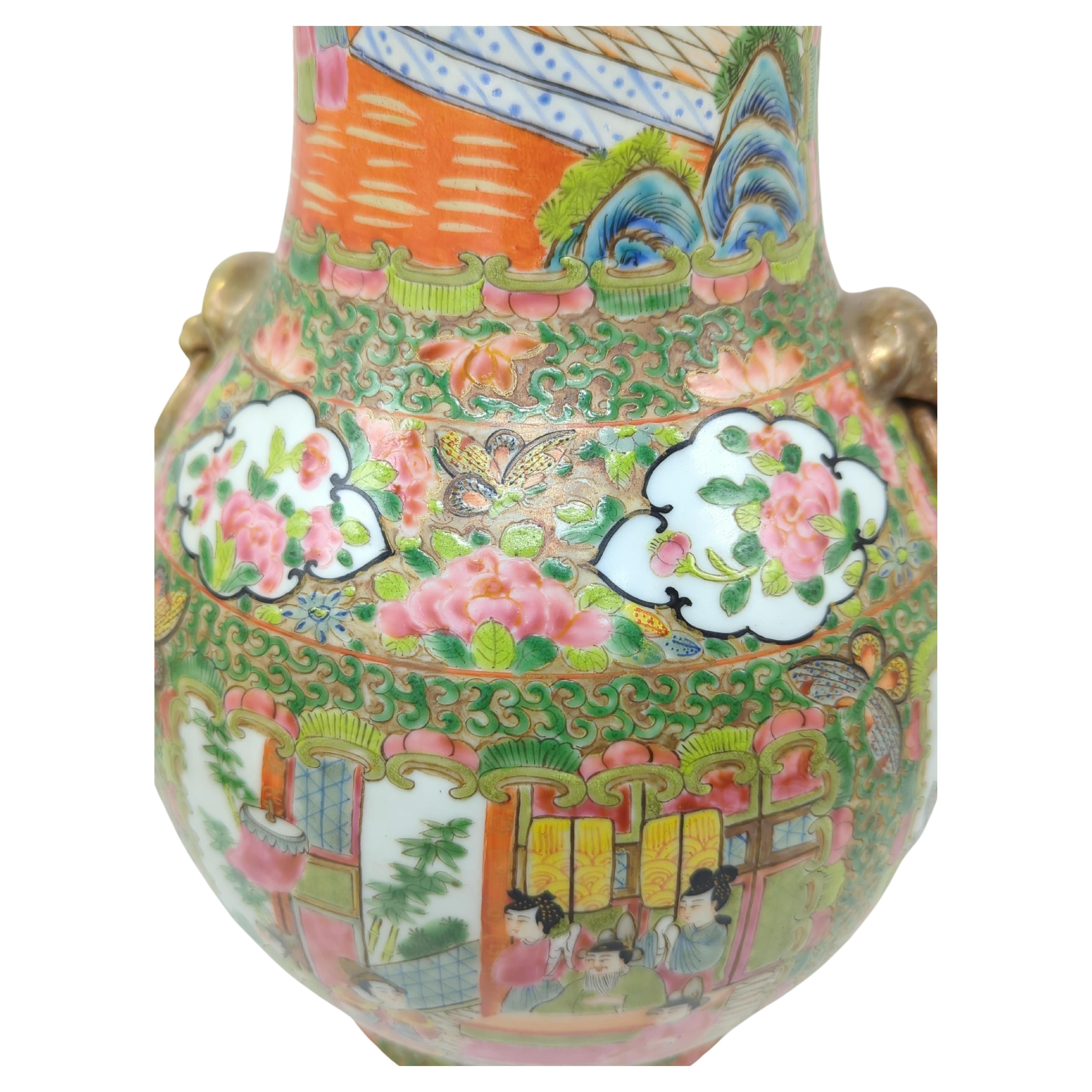 Large Chinese Canton Rose Medallion Vase Gilt Beast Ring Handles 19-20c In Fair Condition For Sale In Richmond, CA