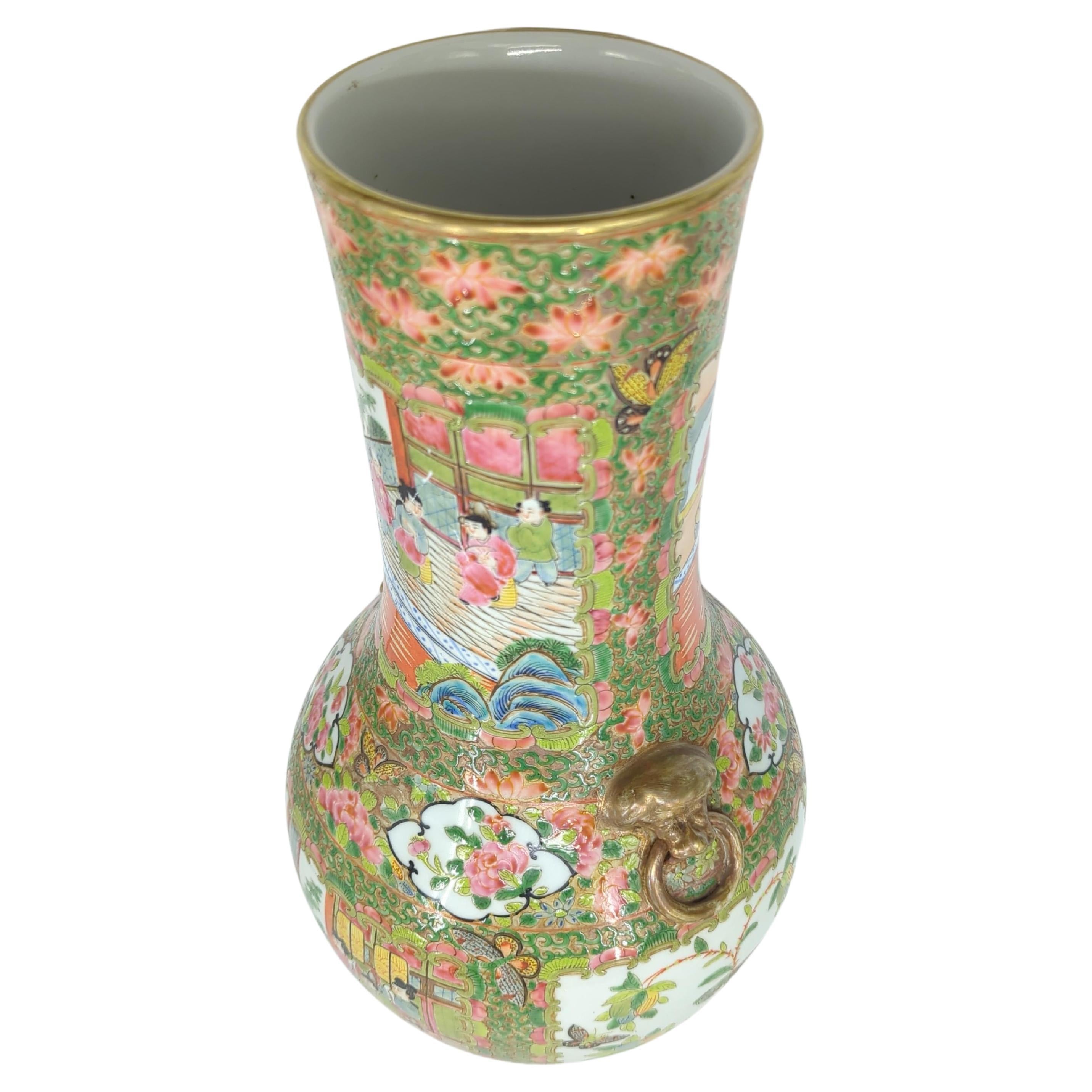 Porcelain Large Chinese Canton Rose Medallion Vase Gilt Beast Ring Handles 19-20c For Sale