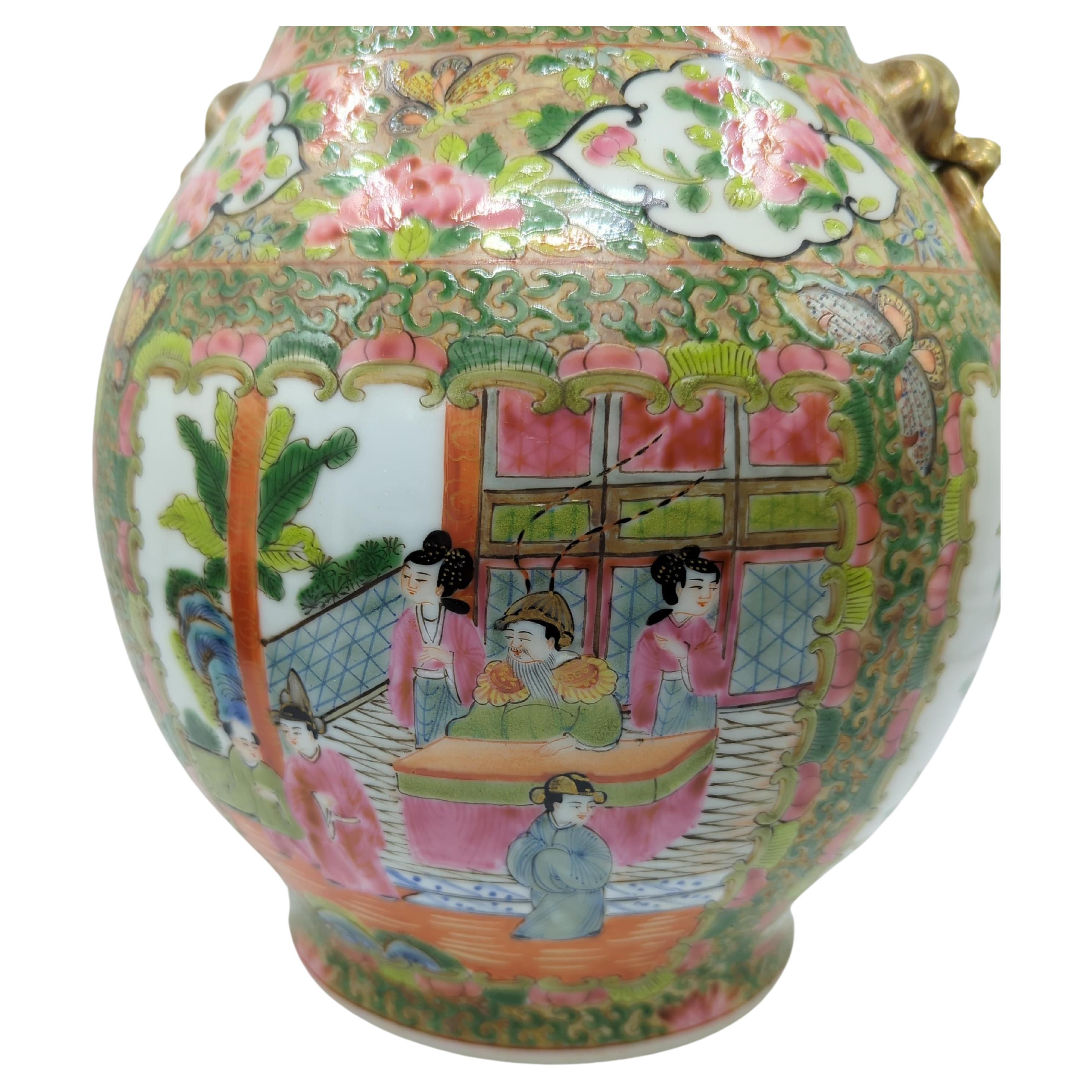 Large Chinese Canton Rose Medallion Vase Gilt Beast Ring Handles 19-20c For Sale 1