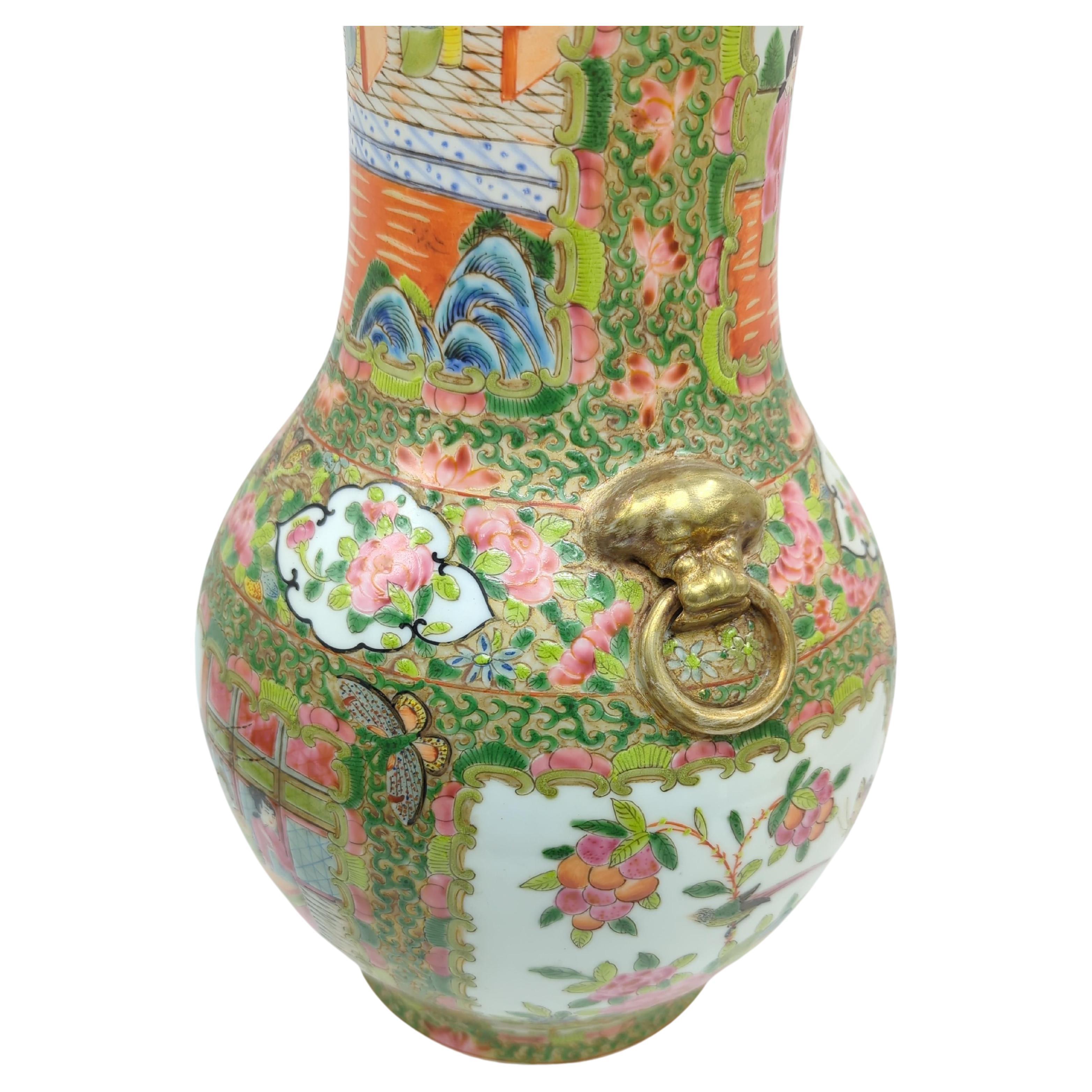 Large Chinese Canton Rose Medallion Vase Gilt Beast Ring Handles 19-20c For Sale 2