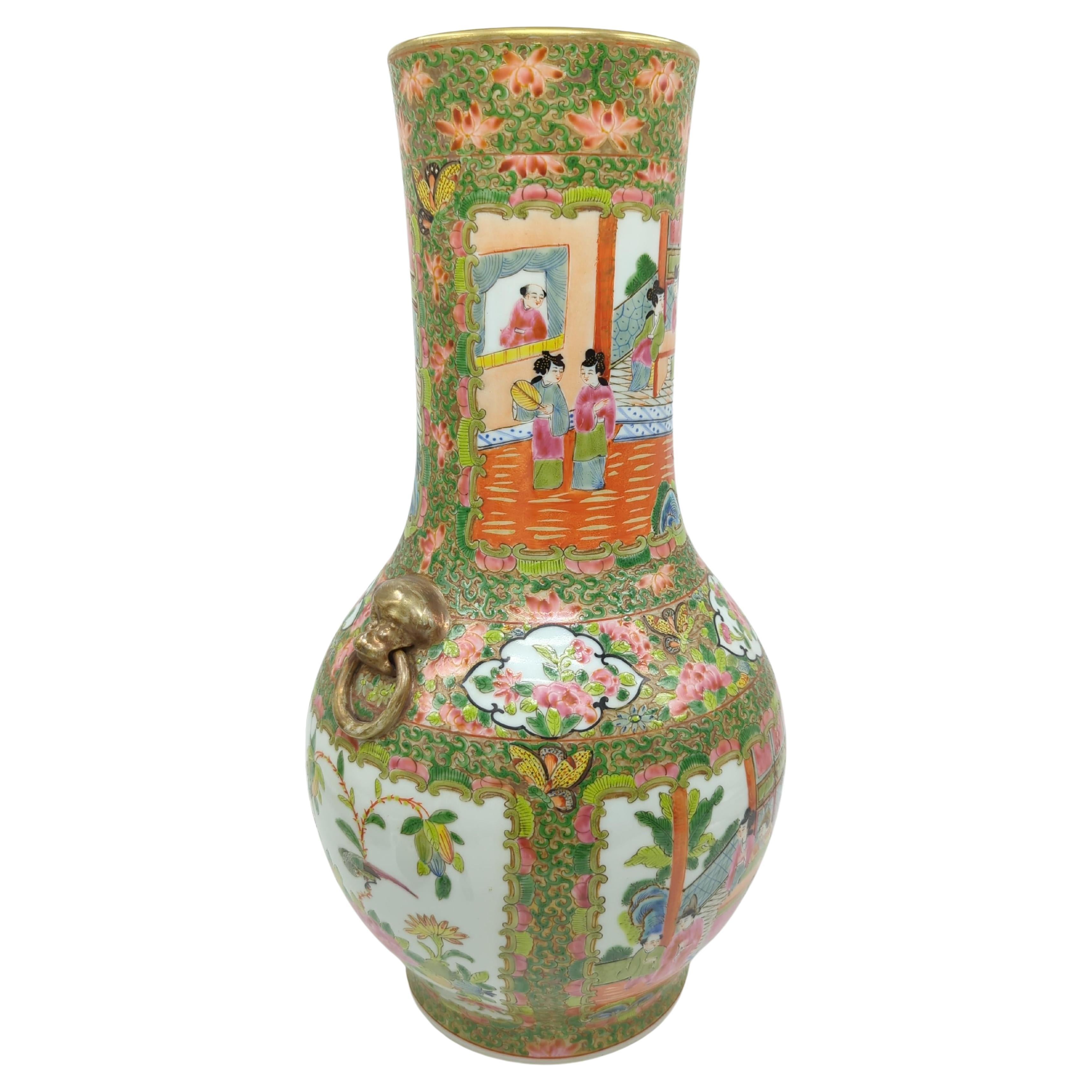 Große chinesische Kanton-Rosenmedaillon-Vase mit Medaillon-Vase und vergoldetenBratenringgriffen, 19-20c im Angebot 2