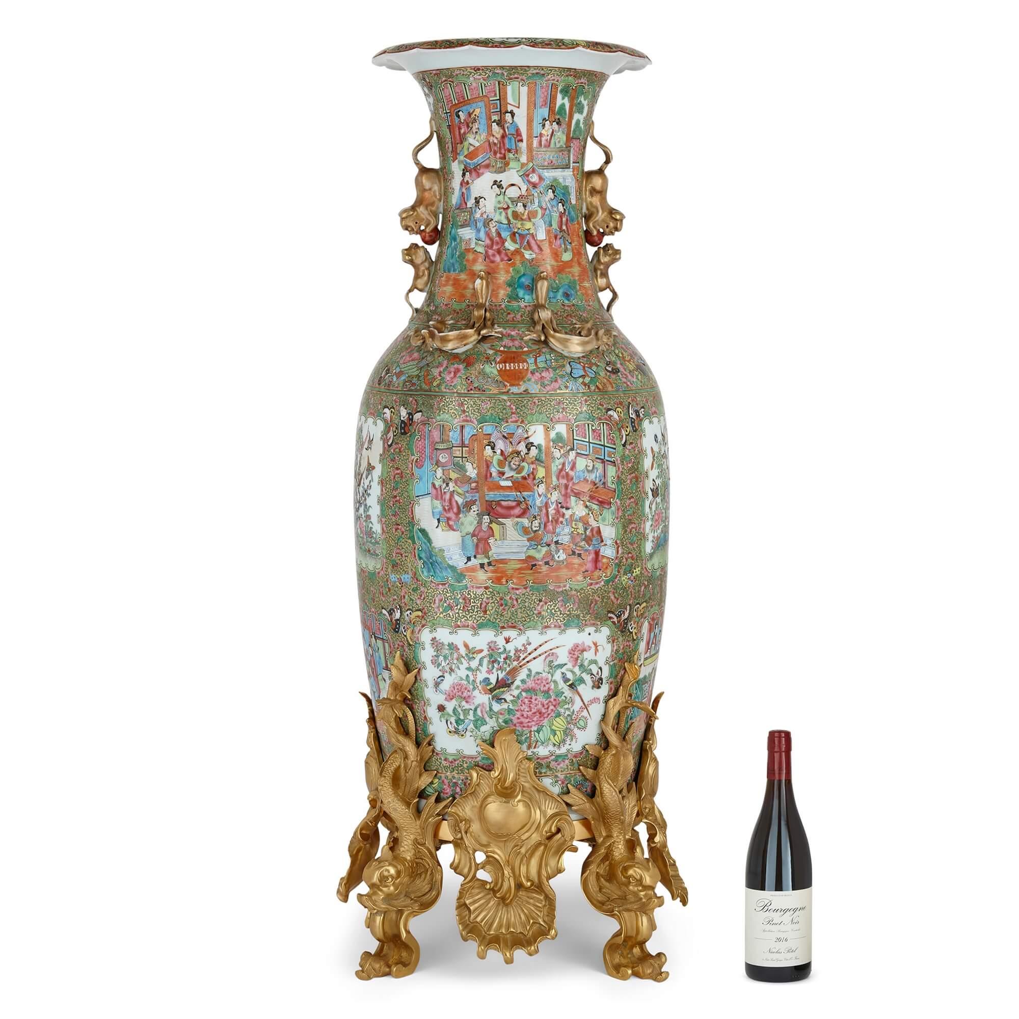 Large Chinese Canton Famille Verte Ormolu Mounted Porcelain Vase For Sale 6