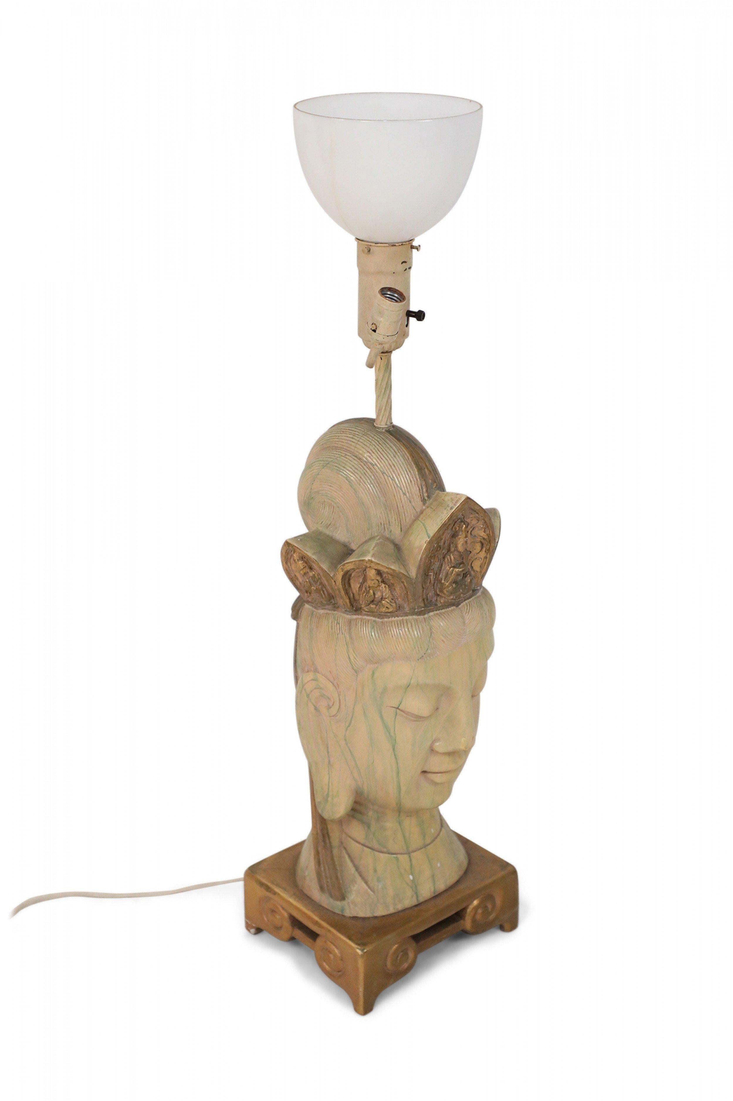 Large Chinese Carved and Painted Wooden Buddha Head Table Lamp For Sale 8