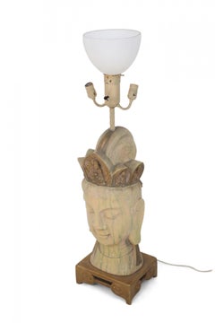 Large Chinese Carved and Painted Wooden Buddha Head Table Lamp
