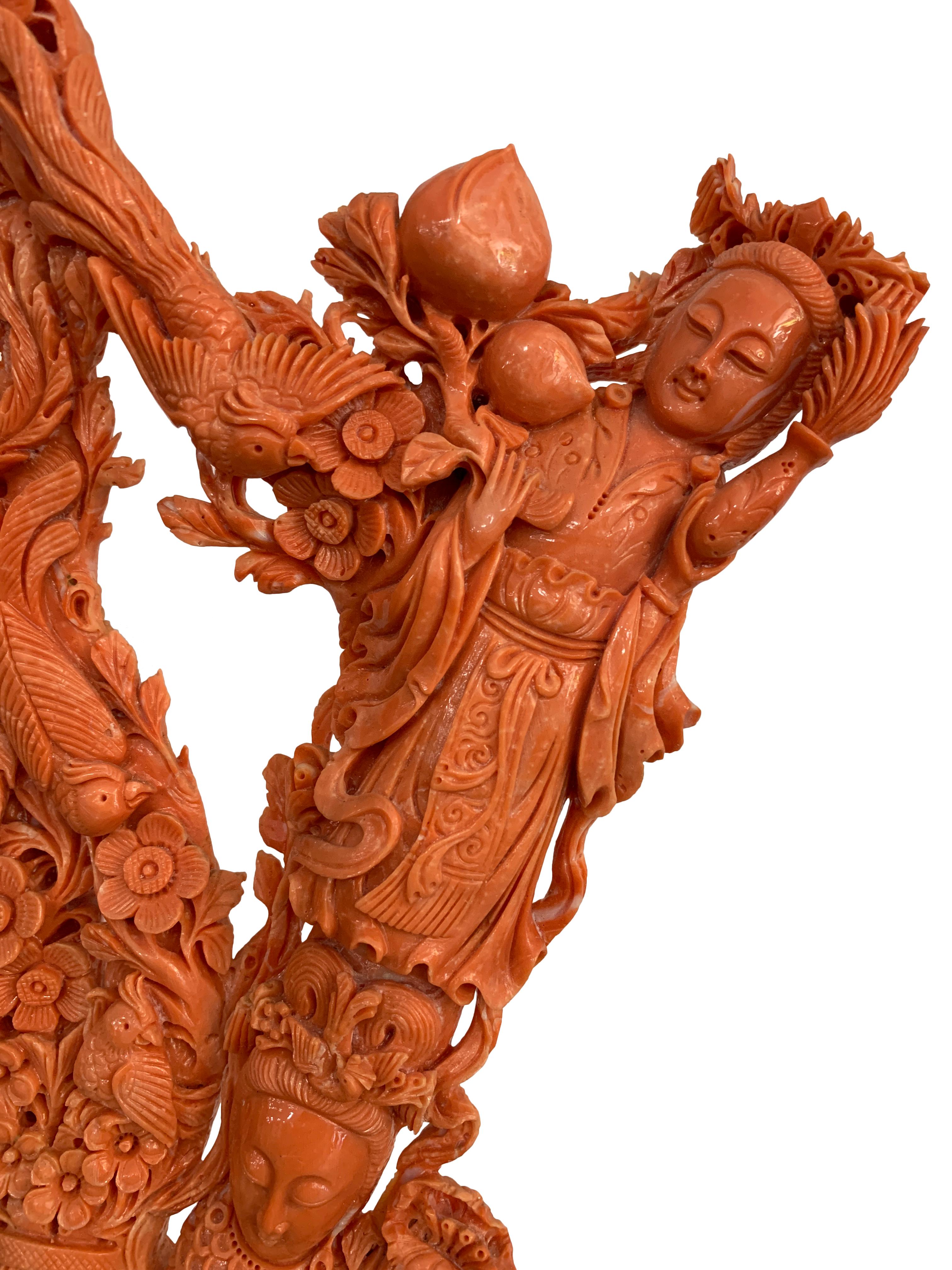 Hand-Carved Large Chinese Carved Coral Figural Group of Lady Immortals For Sale