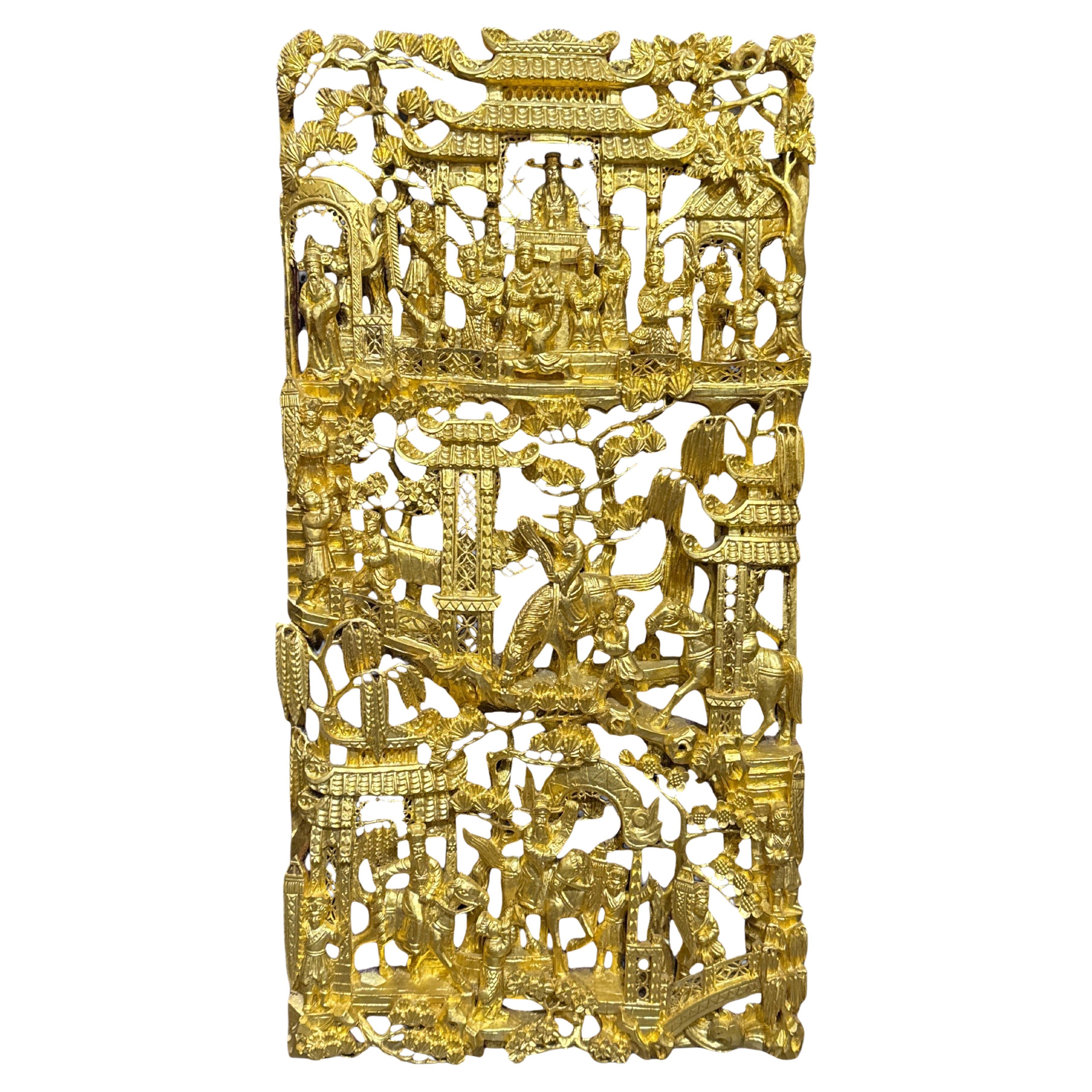 Large Chinese Carved Gilt Wood Story Panel, "Romance of the Three Kingdoms"