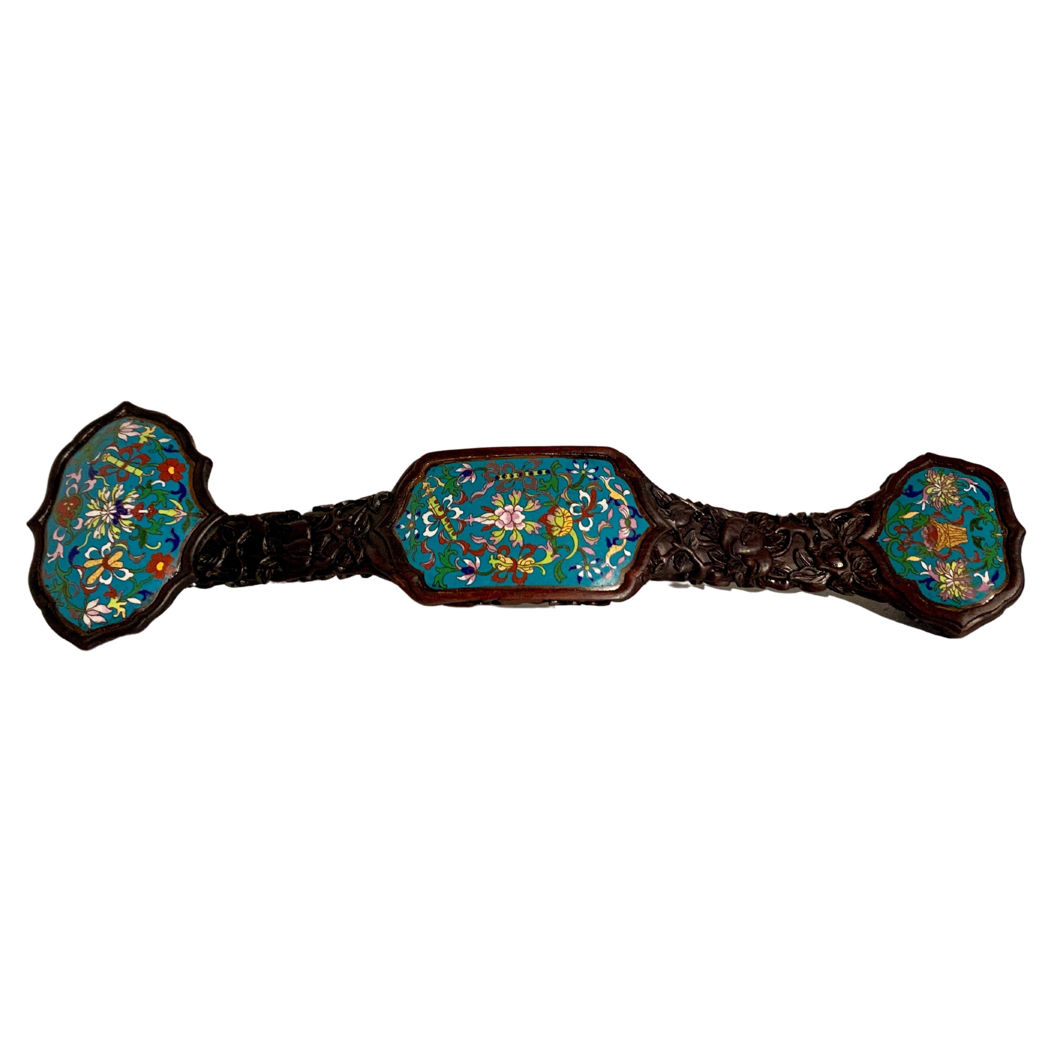 Large Chinese Carved Hardwood and Cloisonne Ruyi Scepter, circa 1920, China