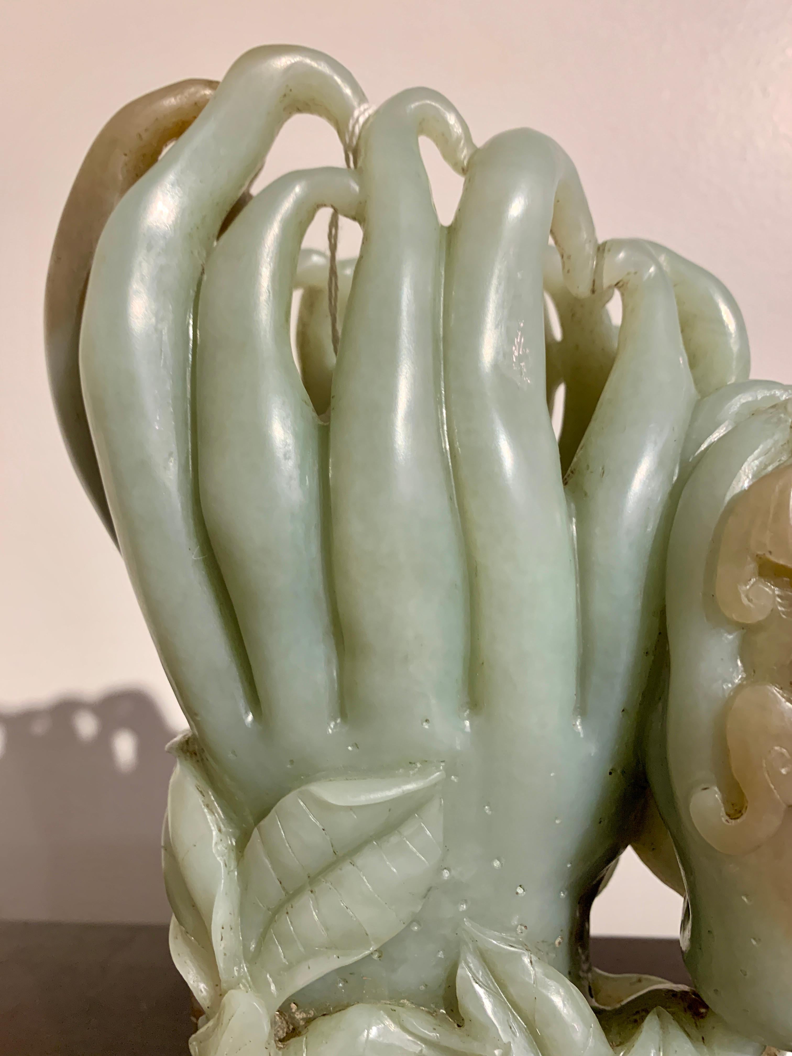 Large Chinese Carved Nephrite Jade Double Buddha's Hand Vase, Late Qing Dynasty For Sale 3