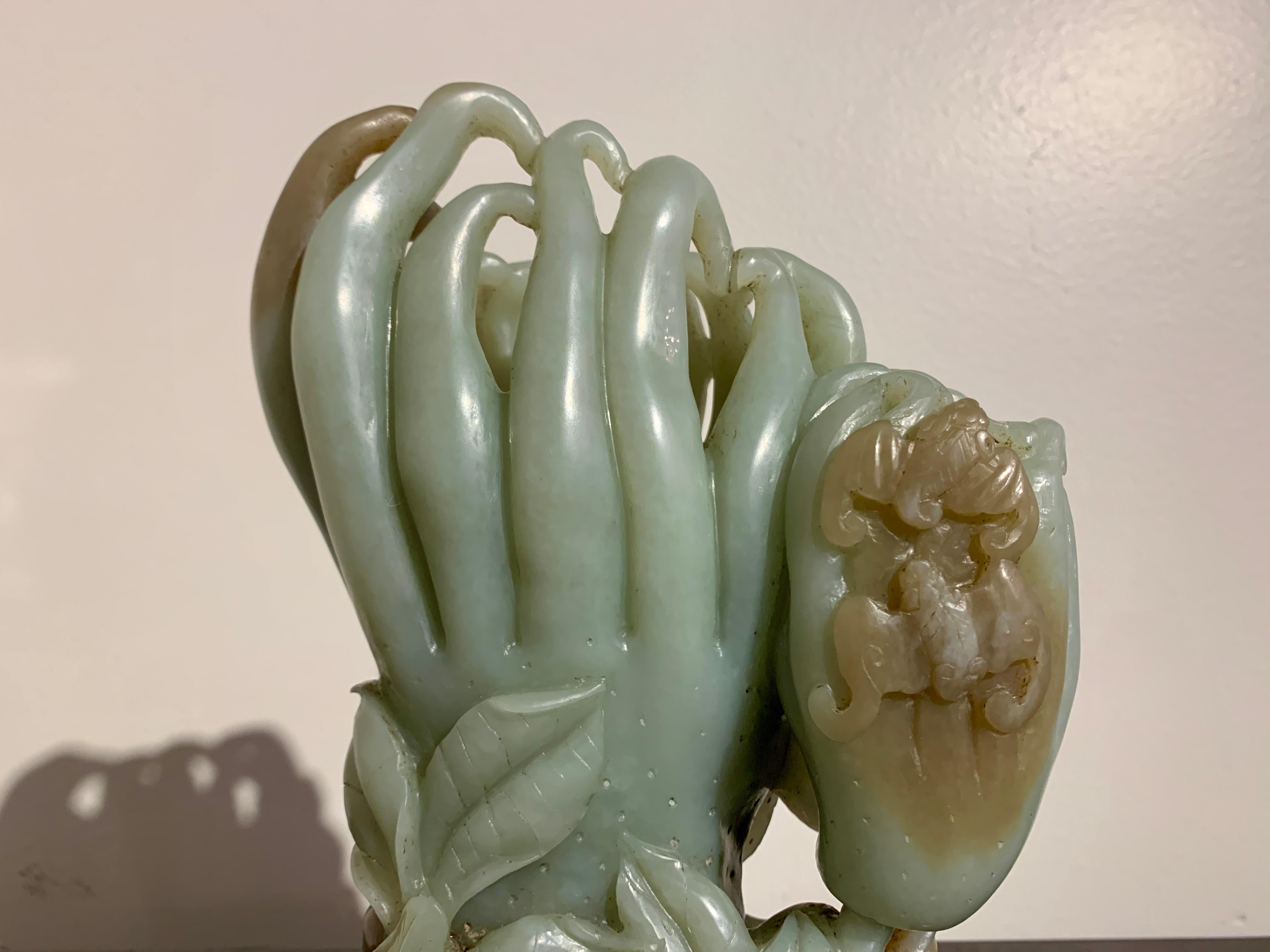 Large Chinese Carved Nephrite Jade Double Buddha's Hand Vase, Late Qing Dynasty For Sale 8