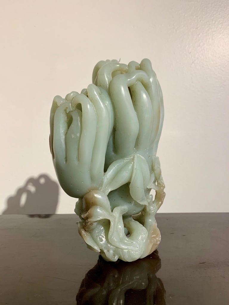 Large Chinese Carved Nephrite Jade Double Buddha's Hand Vase, Late Qing Dynasty For Sale at 1stDibs