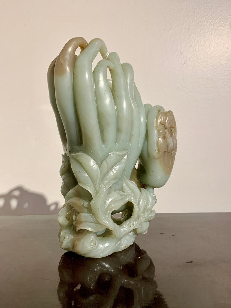 Large Chinese Carved Nephrite Jade Double Buddha's Hand Vase, Late Qing Dynasty For Sale at 1stDibs