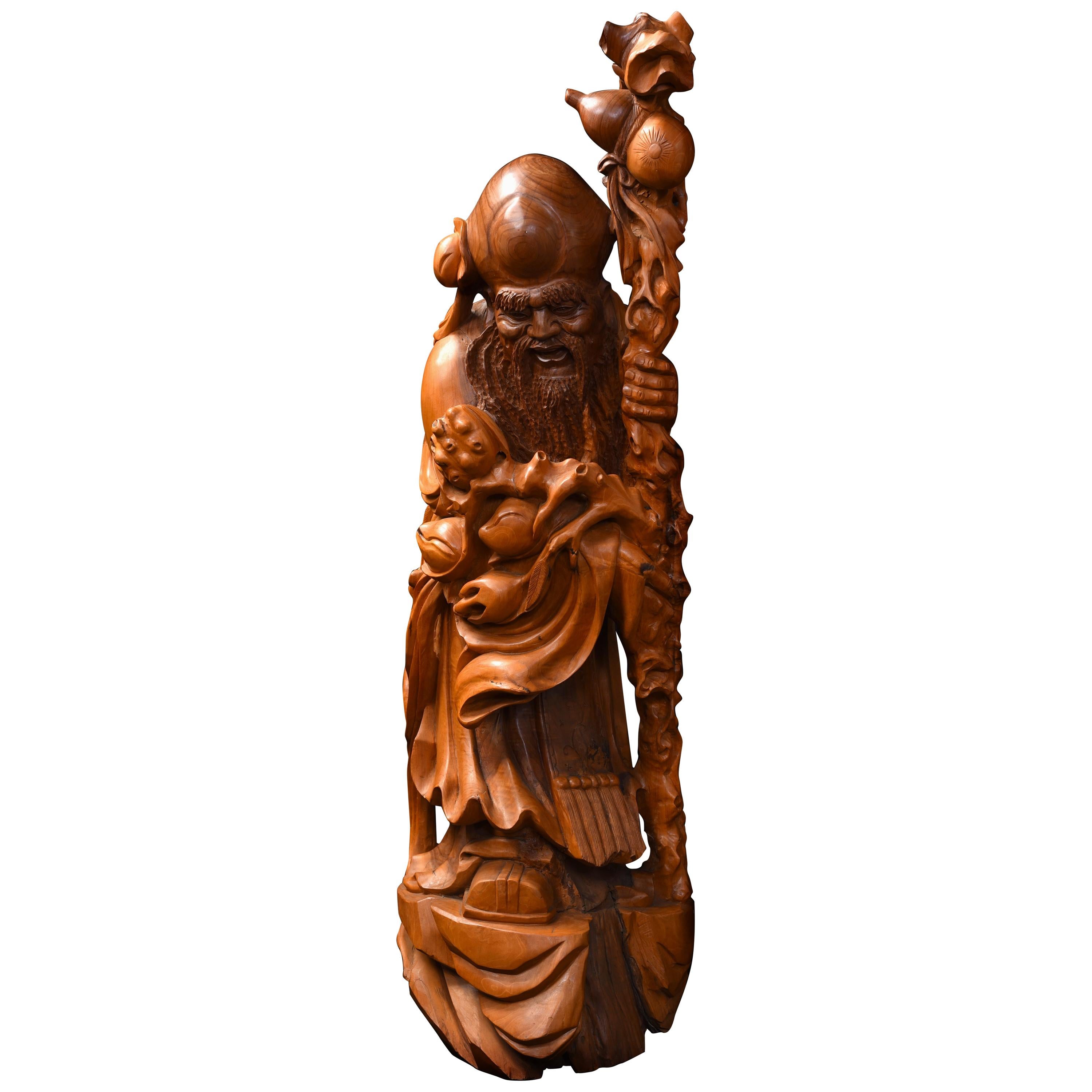Grande sculpture chinoise sculptée du dieu Shou Xing, dieu de la sagesse et de la longévité