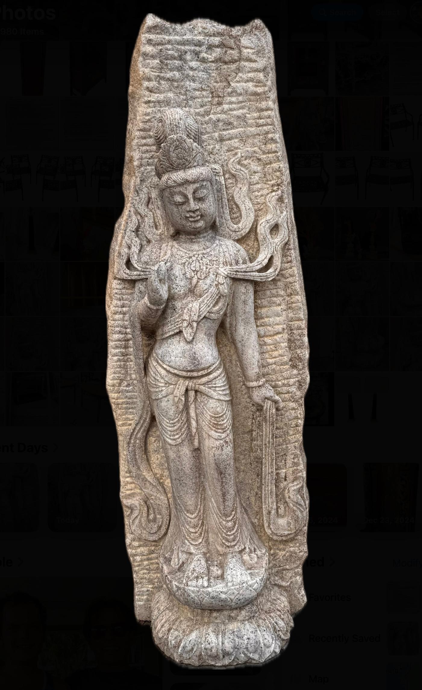 Large Chinese Carved White Stone Temple Stele Sculpture of a Guan Yin For Sale 8