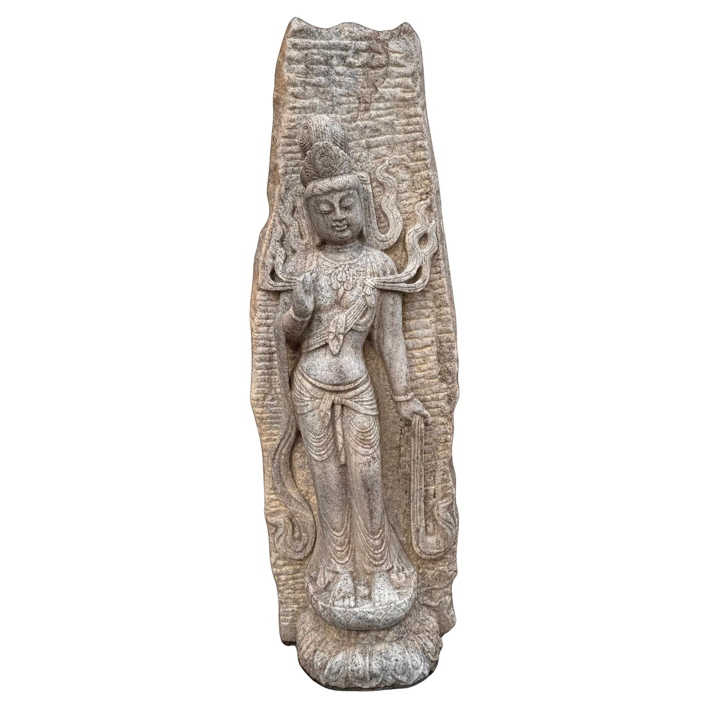 Large Chinese Carved White Stone Temple Stele Sculpture of a Guan Yin