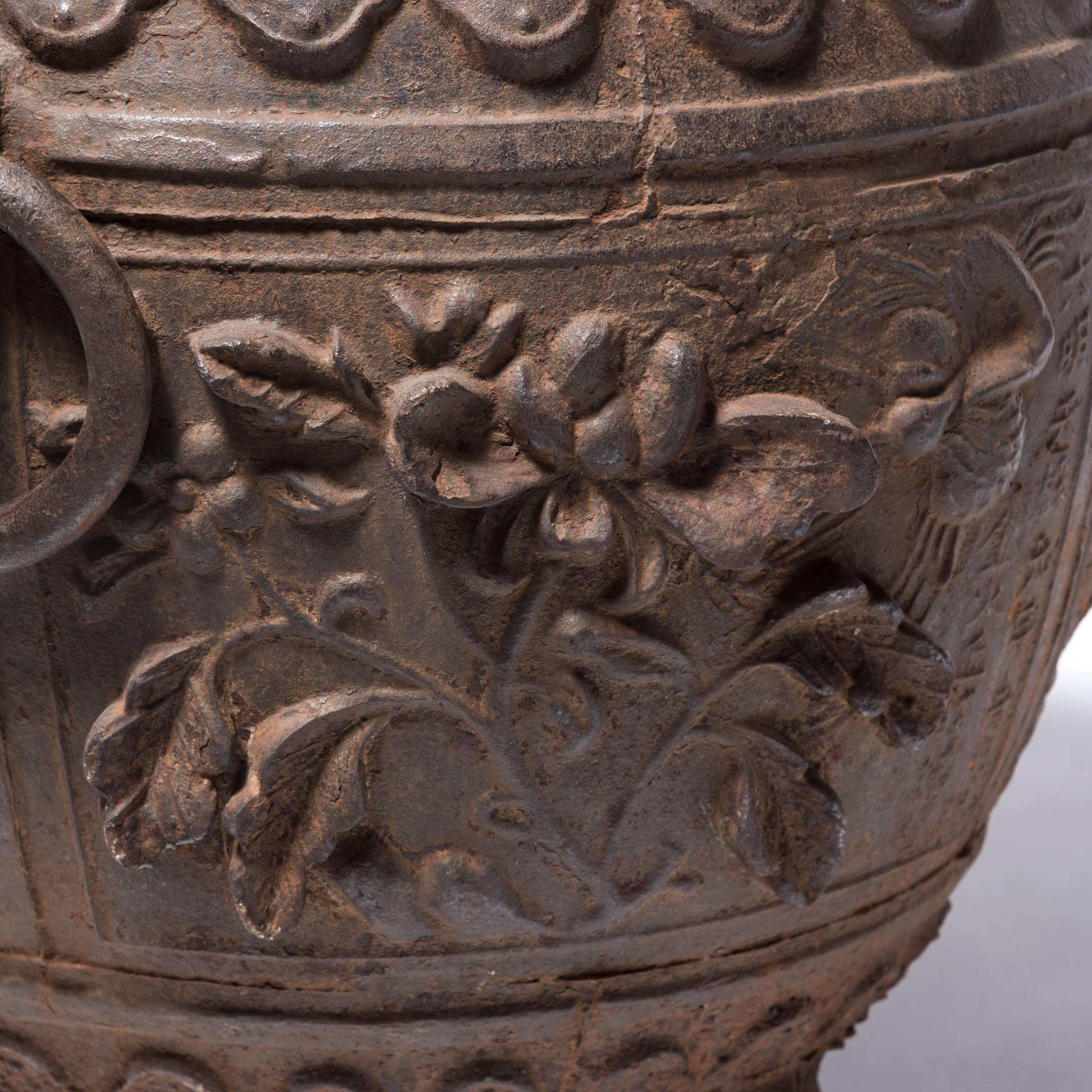 Contemporary Large Chinese Cast Iron Urn with Heavy Relief
