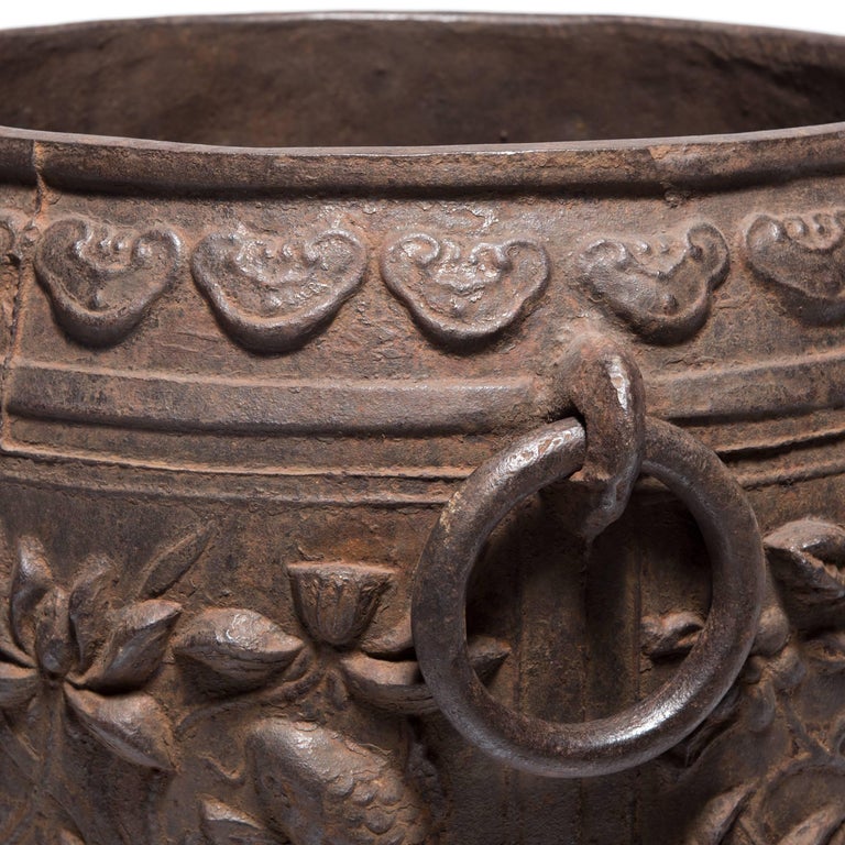 Large Chinese Cast Iron Urn with Heavy Relief at 1stDibs