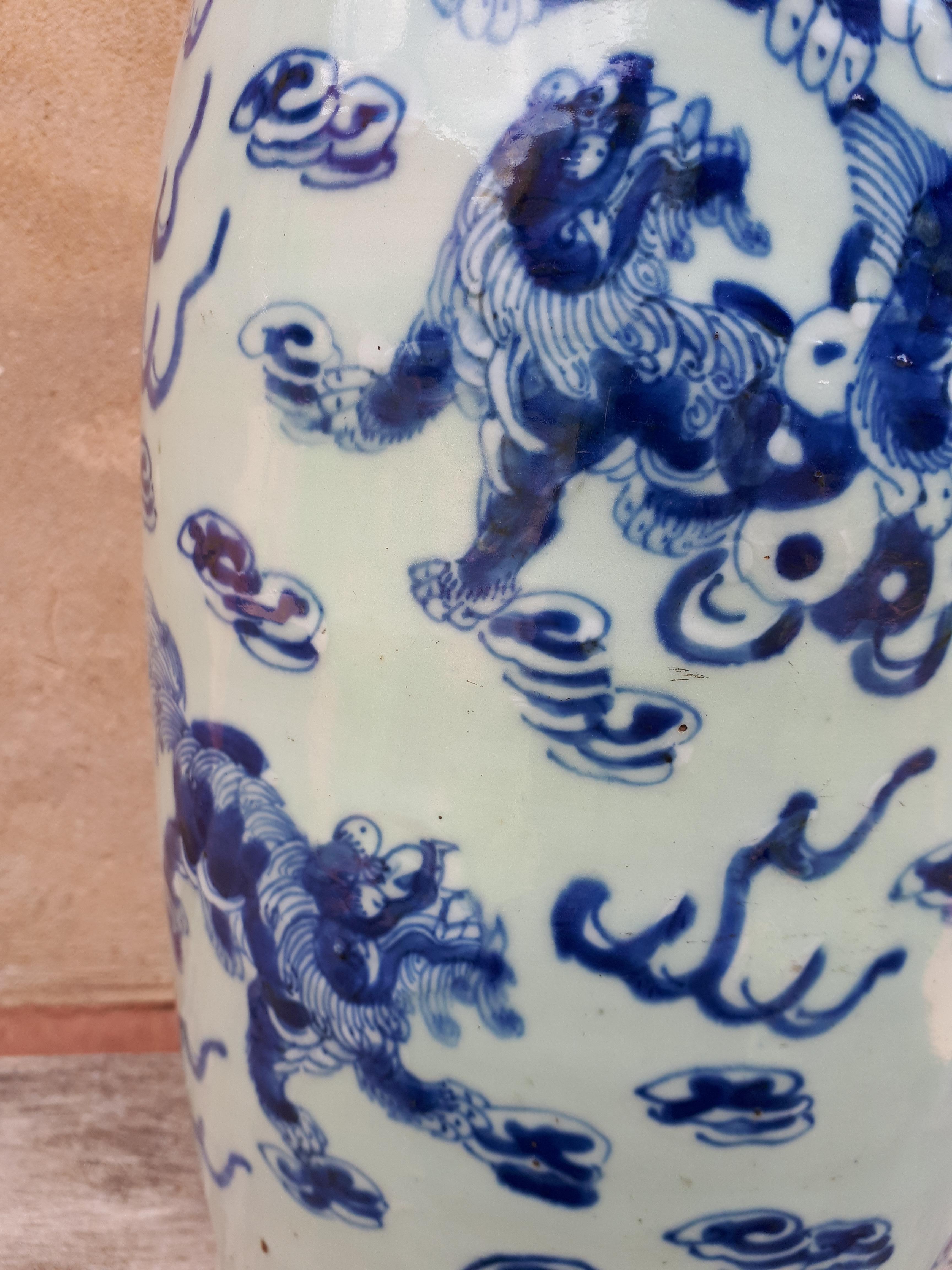 Large Chinese Celadon Vase Decorated With Shishis, China Nineteenth For Sale 7