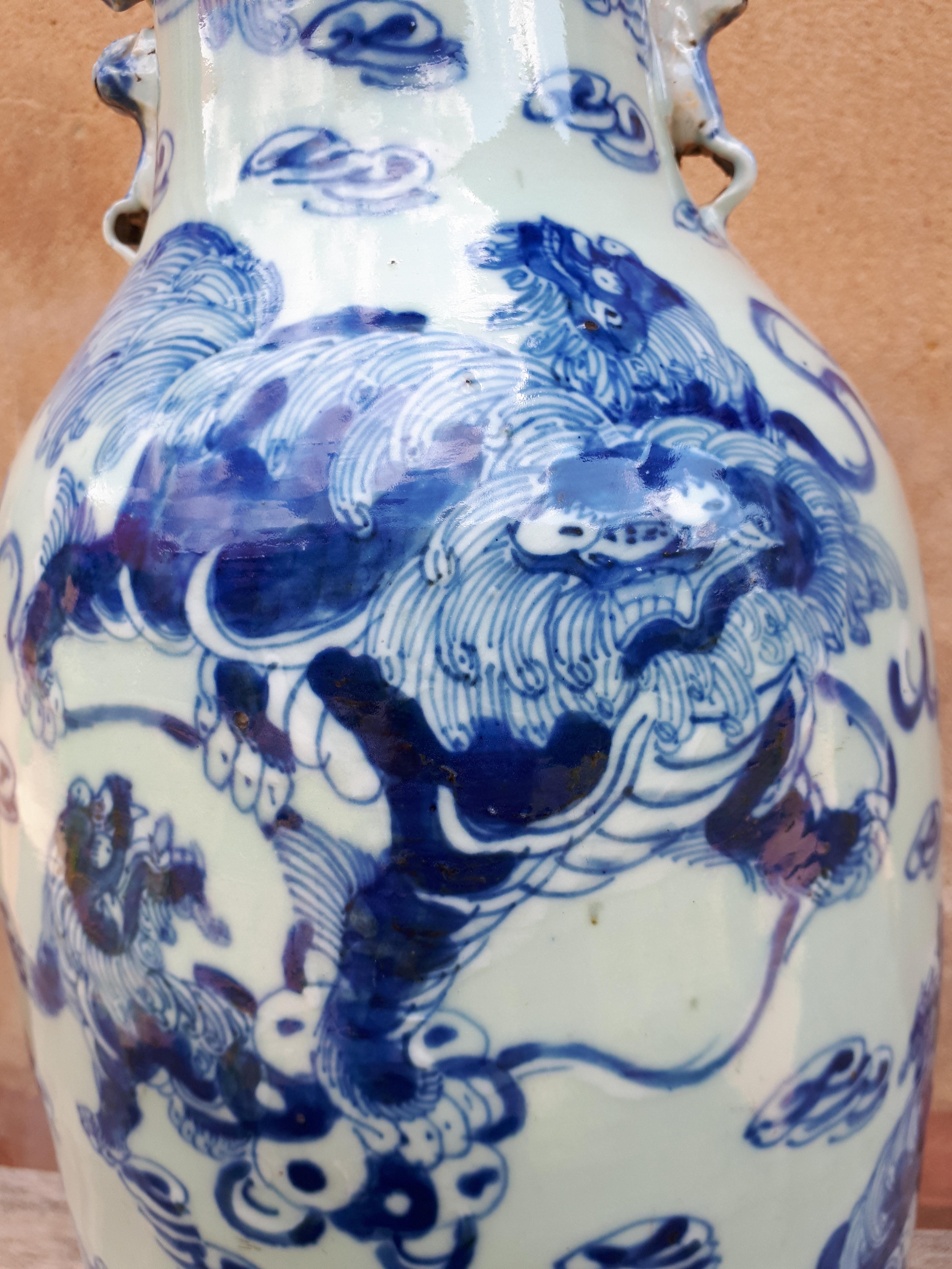 Large Chinese Celadon Vase Decorated With Shishis, China Nineteenth For Sale 8