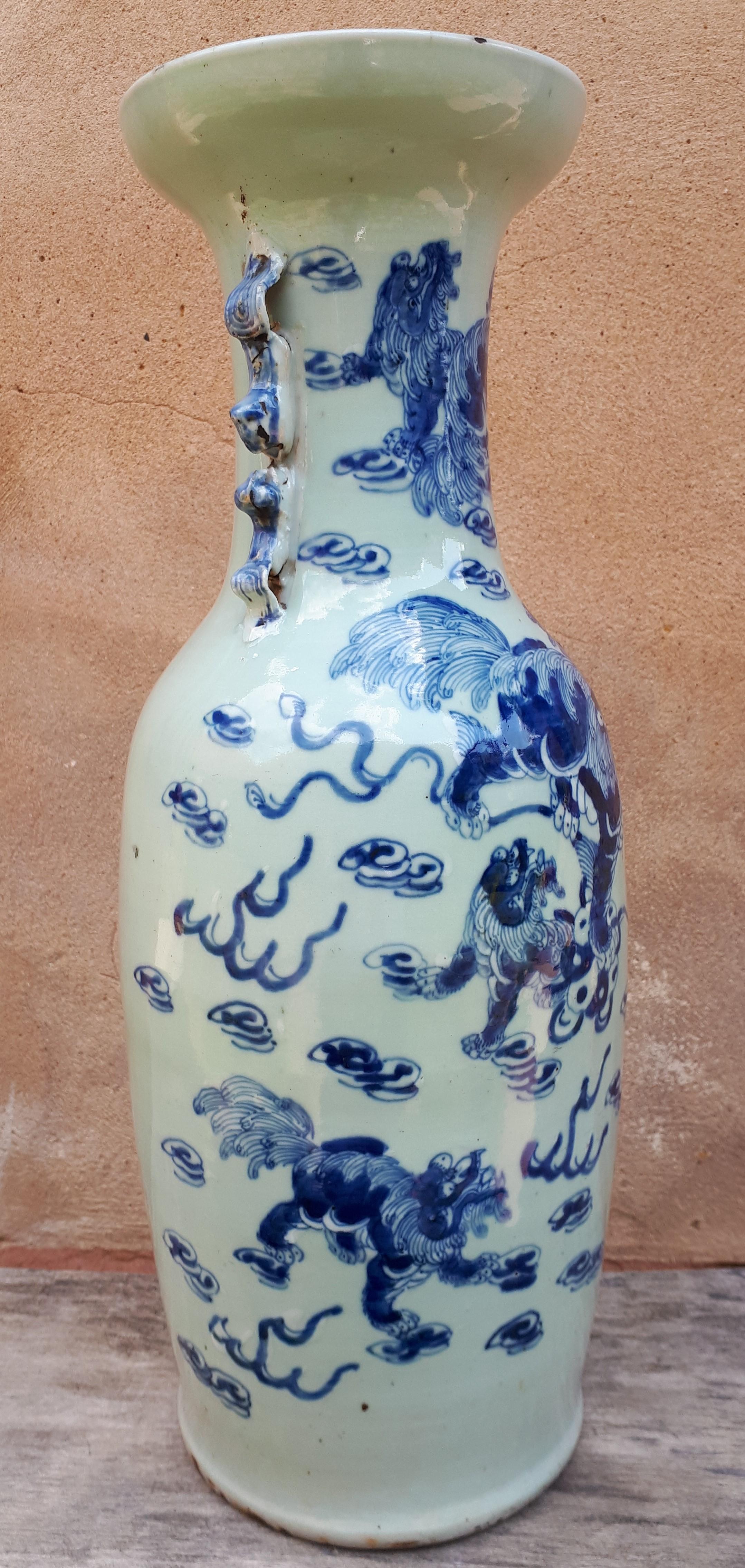 Qing Large Chinese Celadon Vase Decorated With Shishis, China Nineteenth For Sale