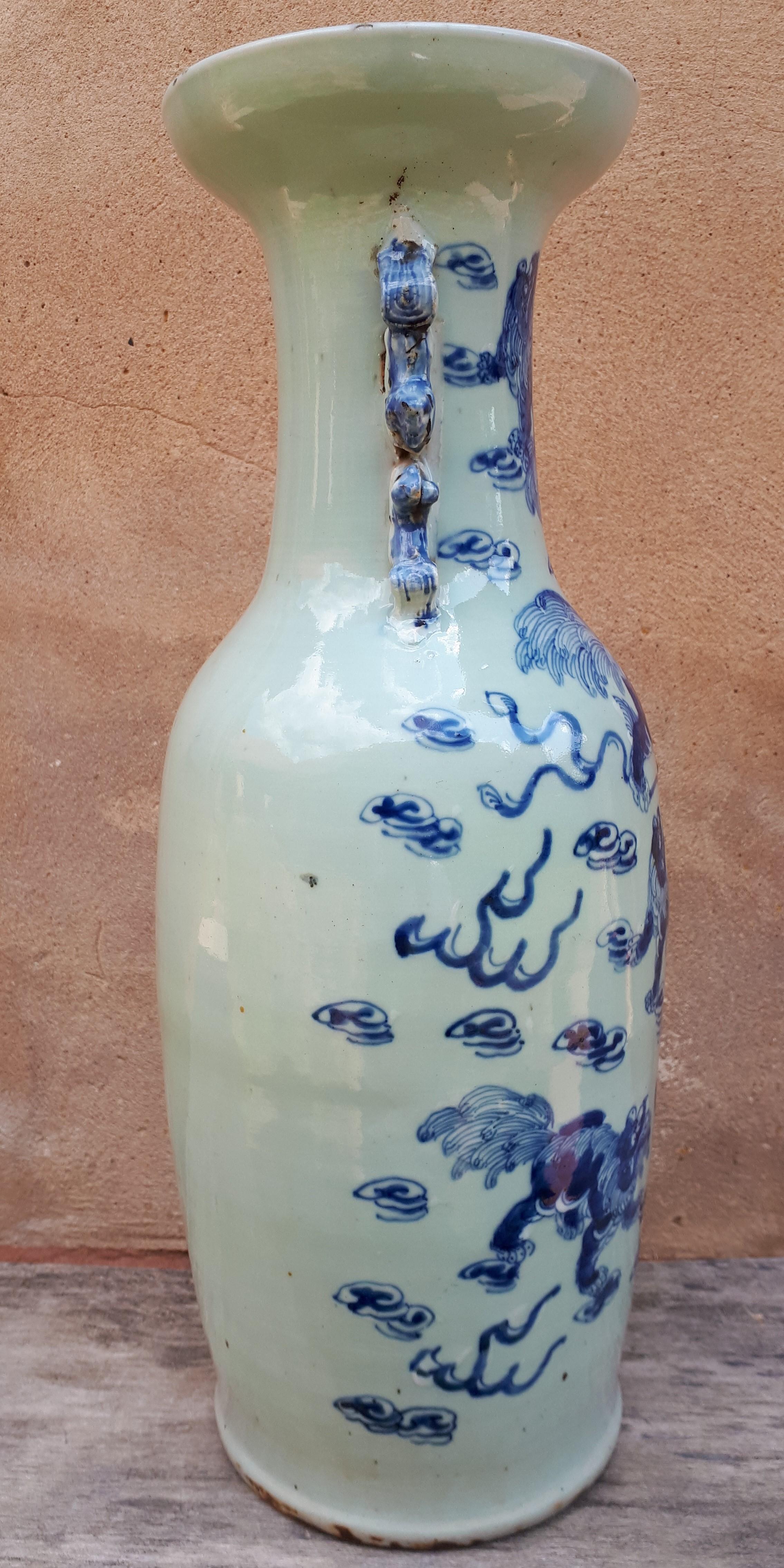 Enameled Large Chinese Celadon Vase Decorated With Shishis, China Nineteenth For Sale