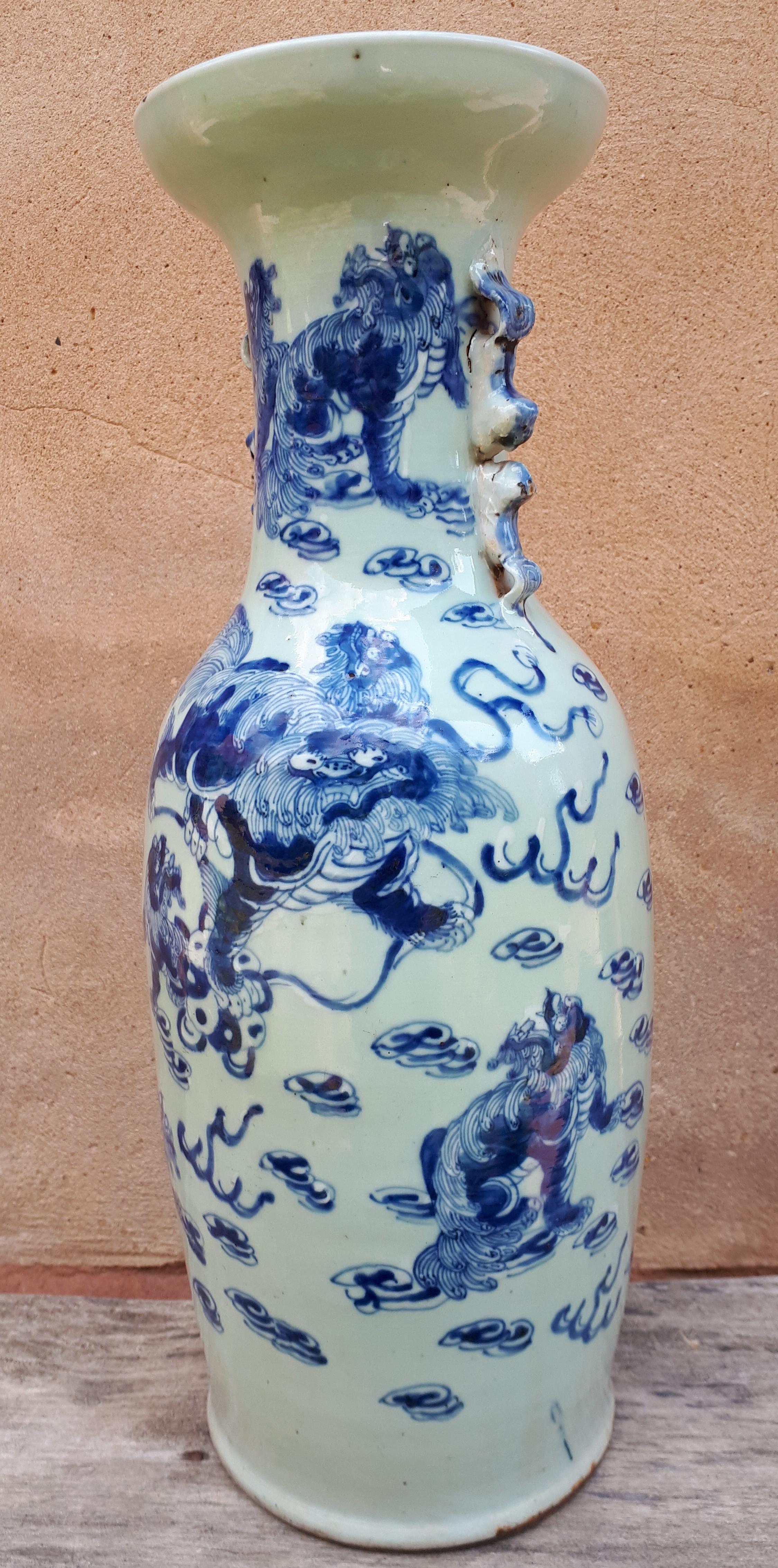 Large Chinese Celadon Vase Decorated With Shishis, China Nineteenth For Sale 2