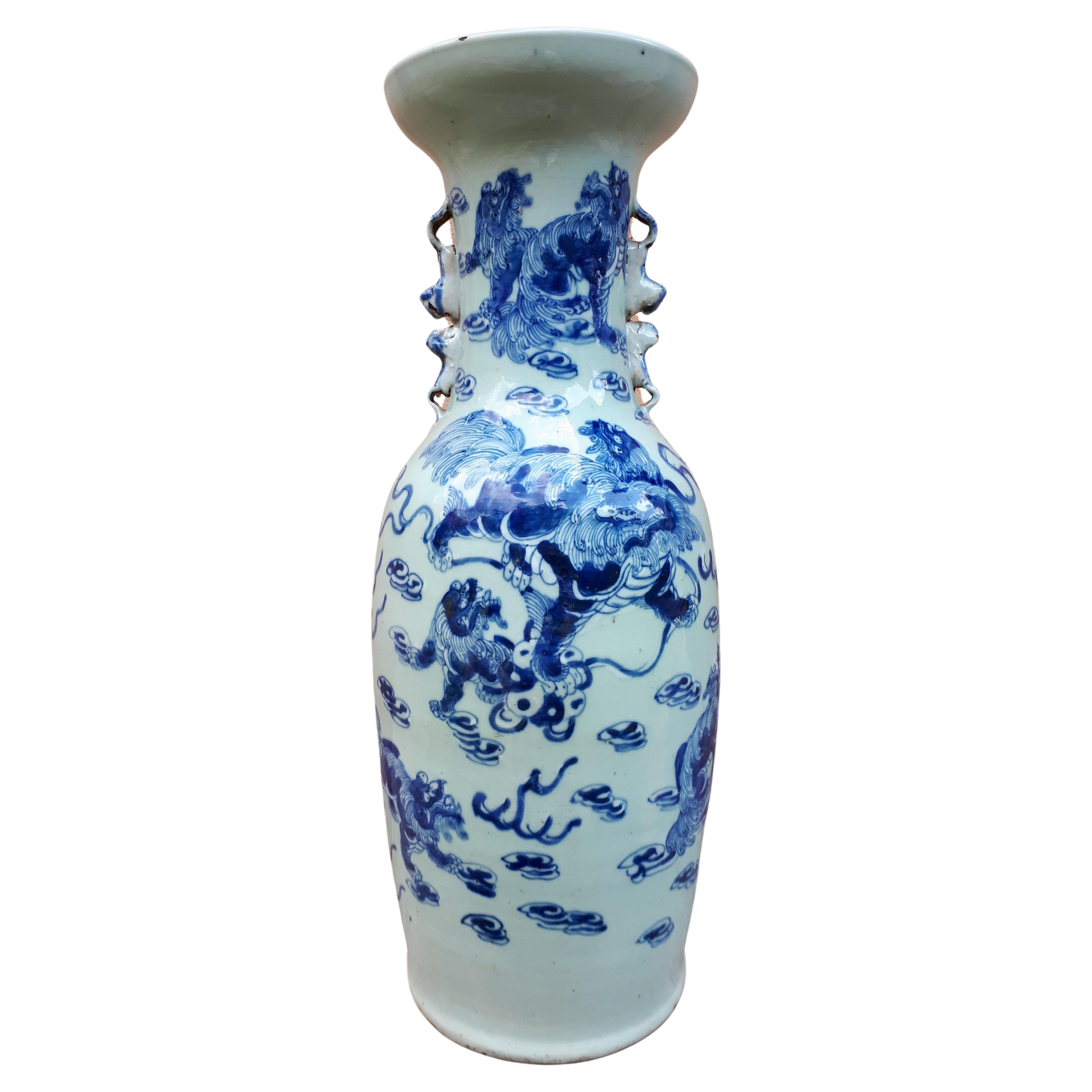Large Chinese Celadon Vase Decorated With Shishis, China Nineteenth For Sale