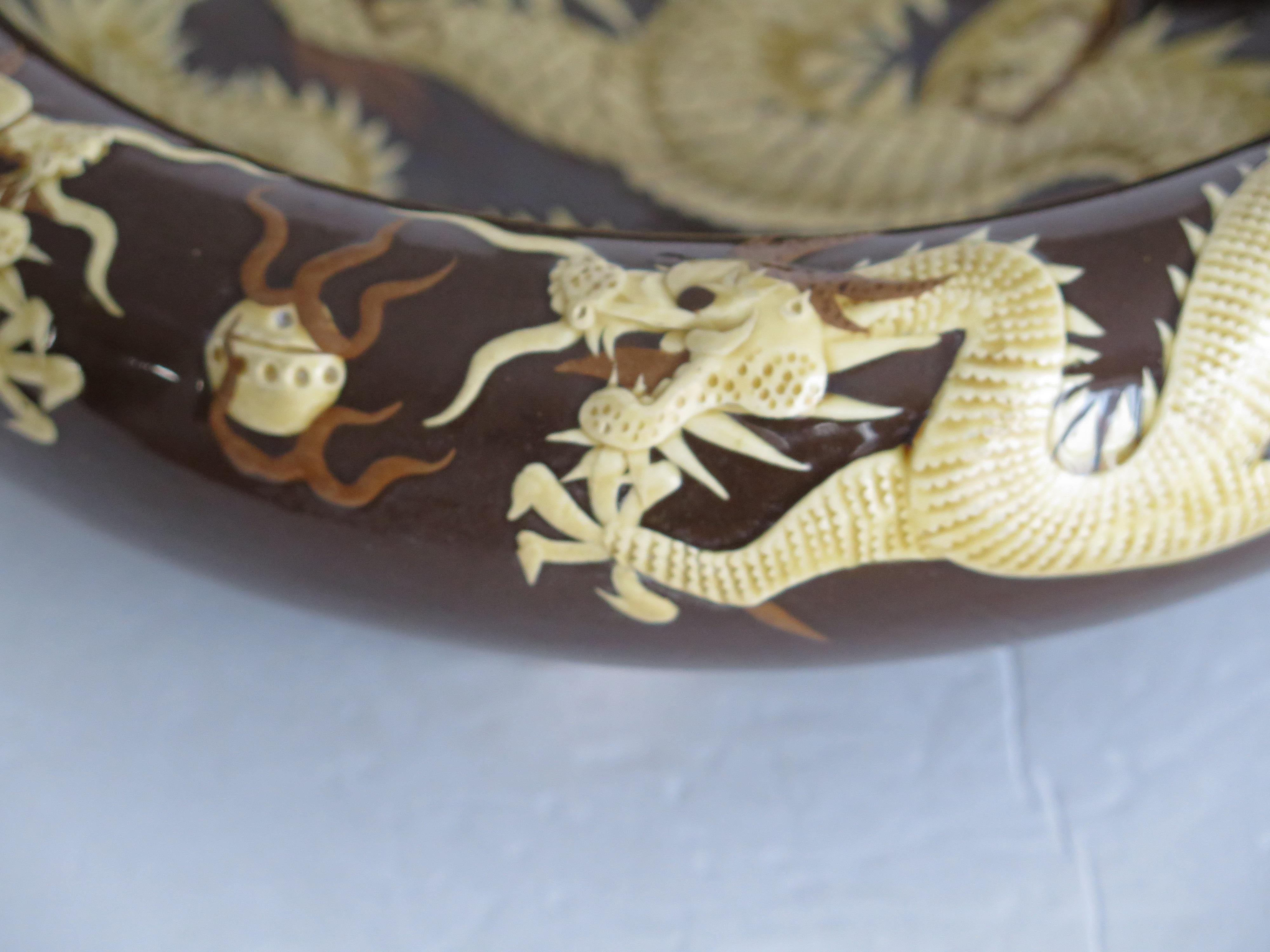 Large Chinese Ceramic Bowl Brown Glaze with Cream Dragons in Relief, Circa 1920 4
