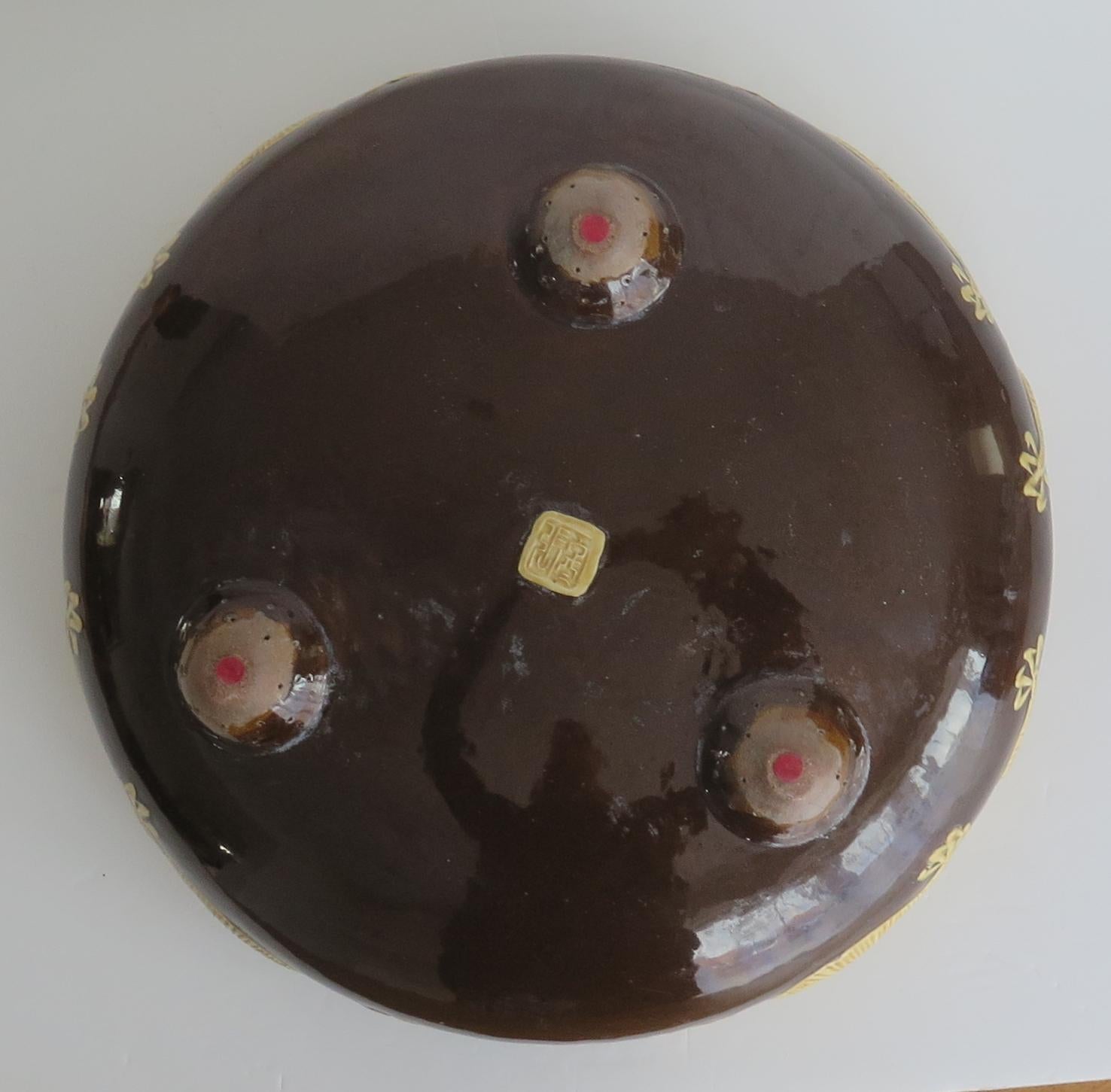 Large Chinese Ceramic Bowl Brown Glaze with Cream Dragons in Relief, Circa 1920 5