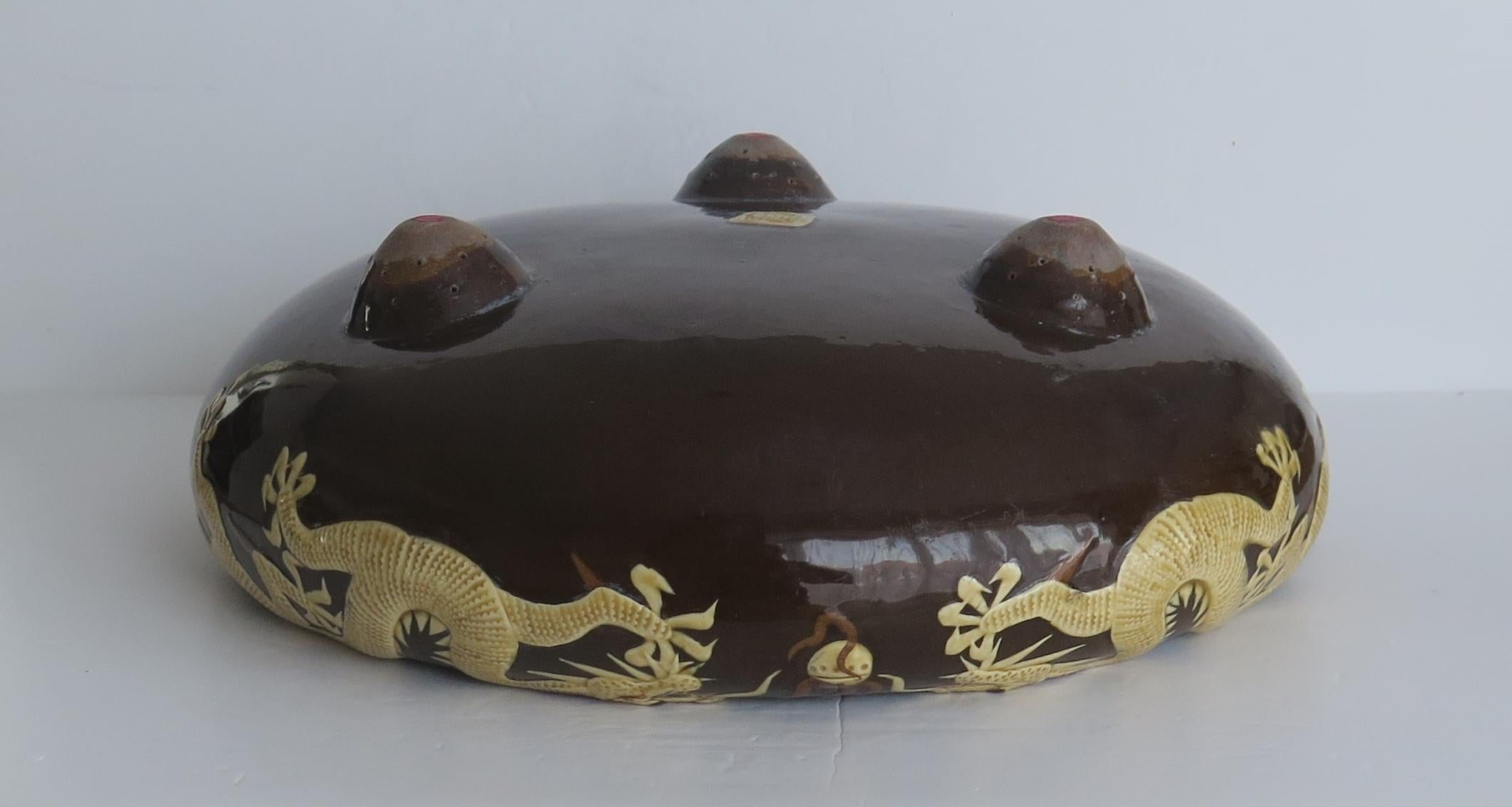Large Chinese Ceramic Bowl Brown Glaze with Cream Dragons in Relief, Circa 1920 6