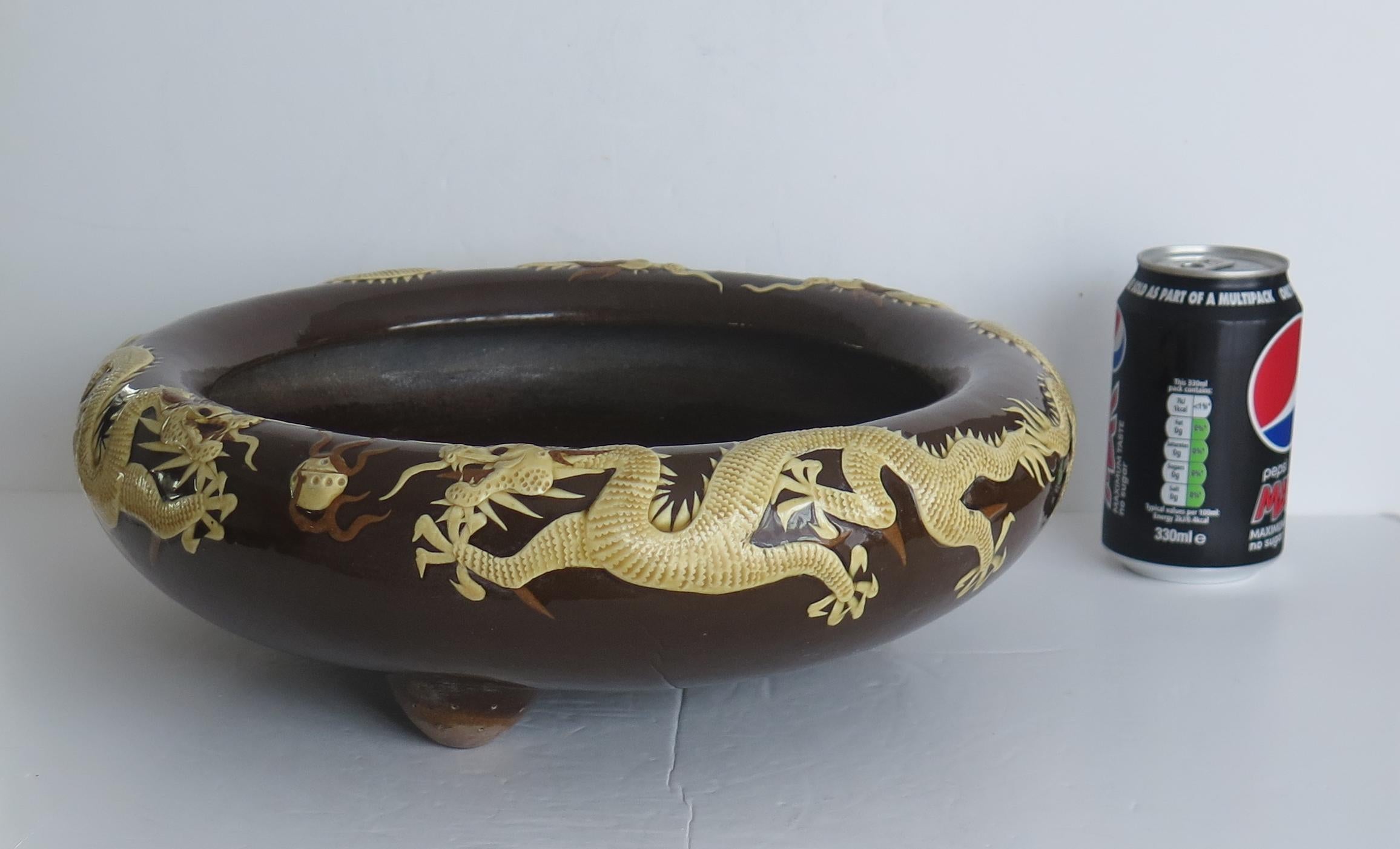 Large Chinese Ceramic Bowl Brown Glaze with Cream Dragons in Relief, Circa 1920 9