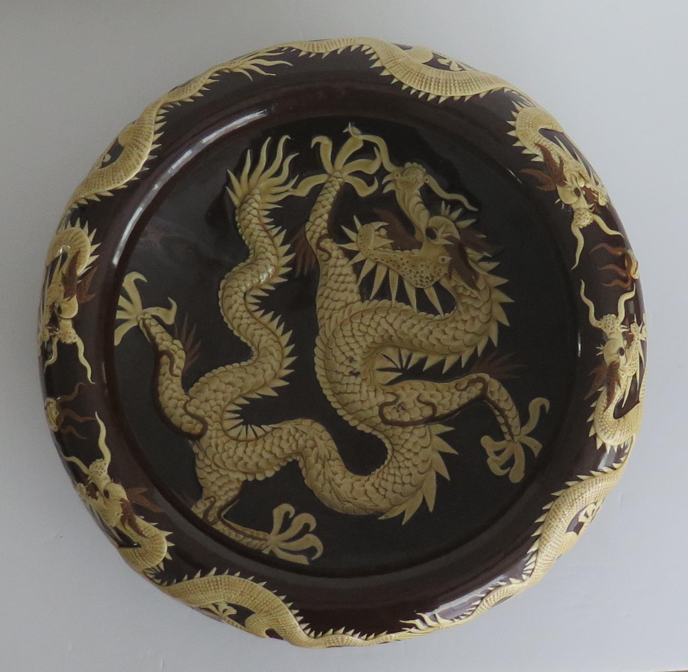Chinese Export Large Chinese Ceramic Bowl Brown Glaze with Cream Dragons in Relief, Circa 1920