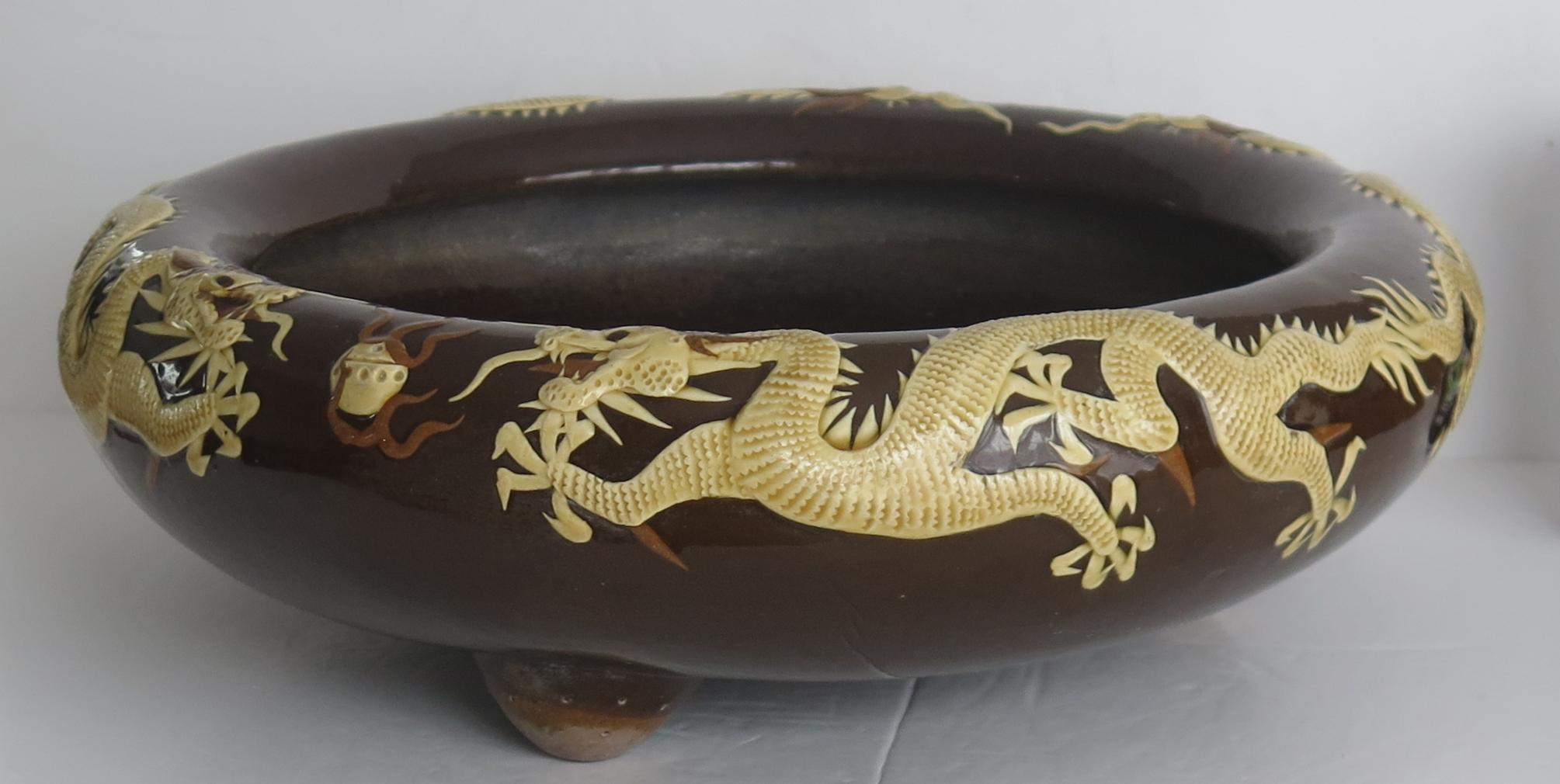 Large Chinese Ceramic Bowl Brown Glaze with Cream Dragons in Relief, Circa 1920 1