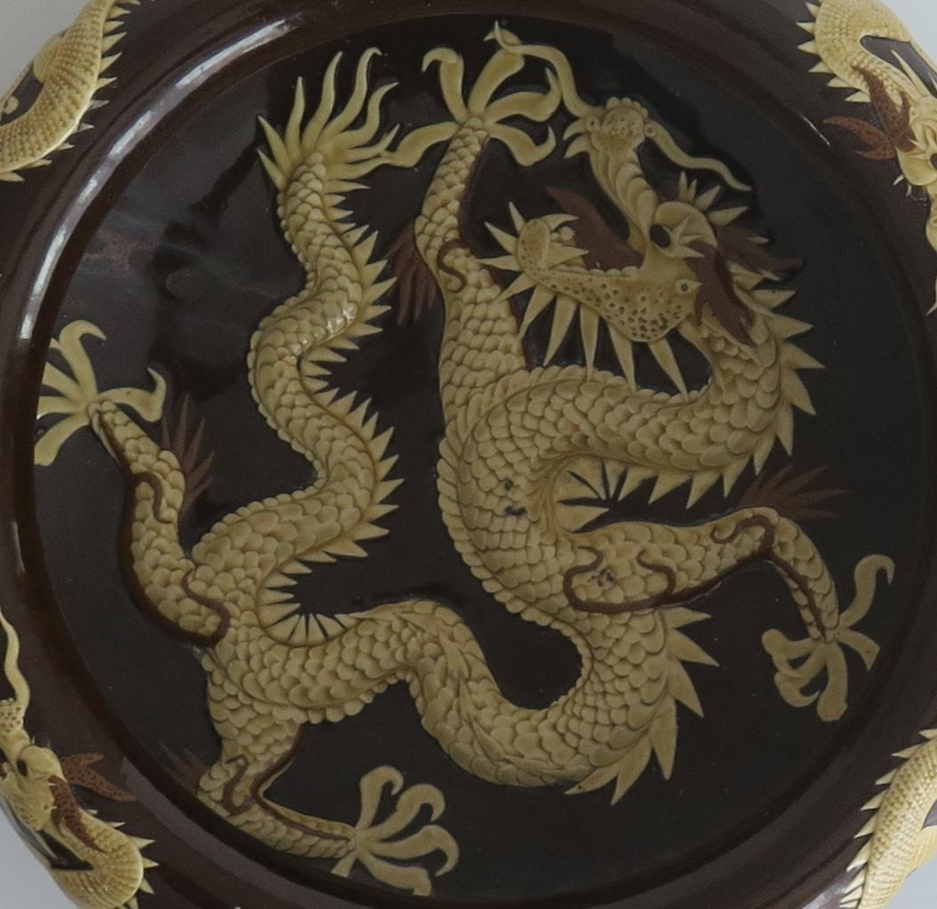 Large Chinese Ceramic Bowl Brown Glaze with Cream Dragons in Relief, Circa 1920 2