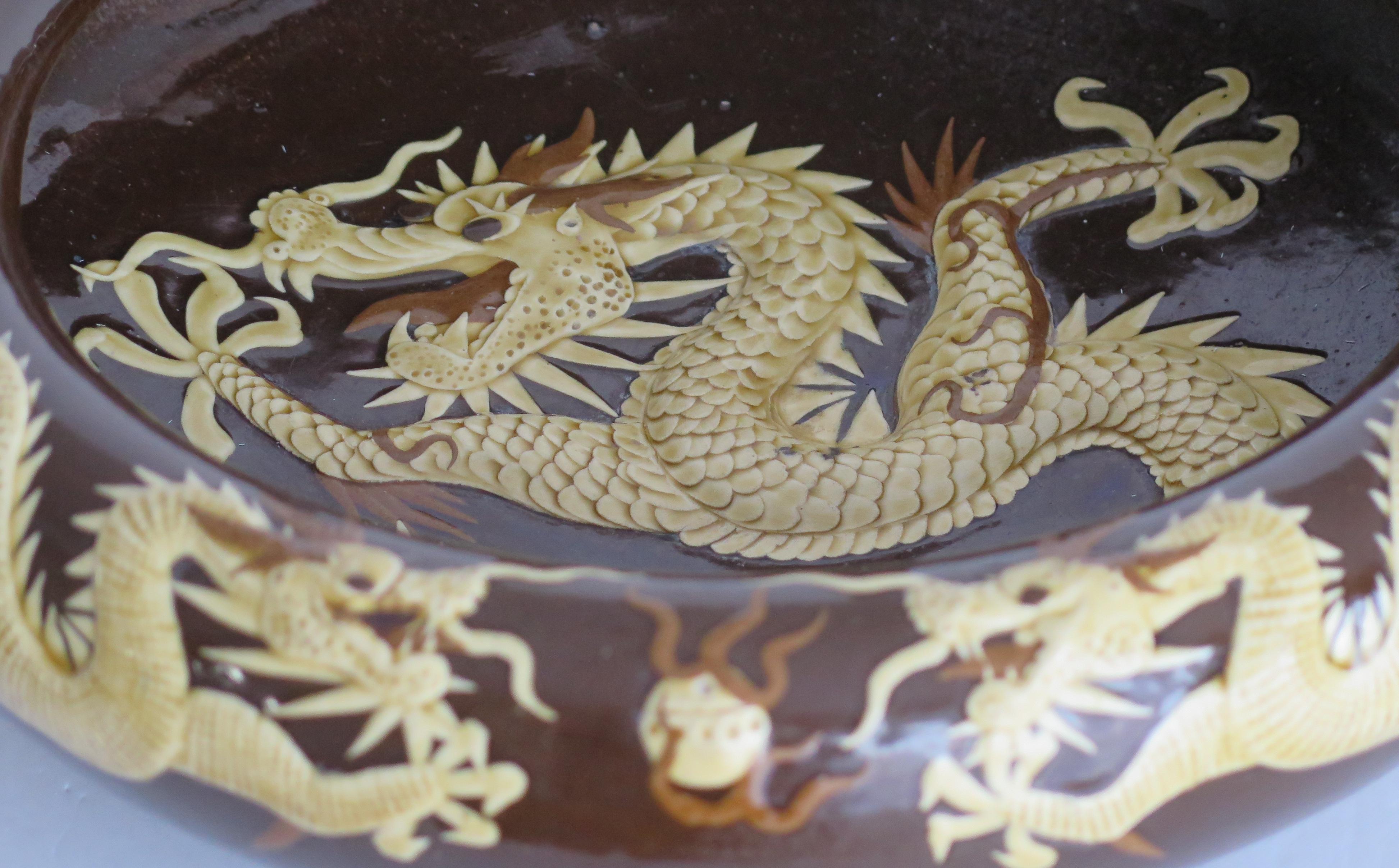 Large Chinese Ceramic Bowl Brown Glaze with Cream Dragons in Relief, Circa 1920 3