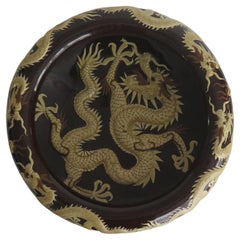 Large Chinese Ceramic Bowl Brown Glaze with Cream Dragons in Relief, Circa 1920