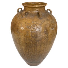 Vintage Large Chinese Ceramic "Martaban" Jar with Dragon Engravings & Tiger Medallions
