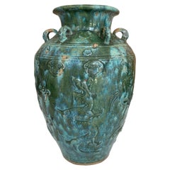 Chinese Ceramic "Martaban" Jar with Dragon Engravings & Tiger Medallions