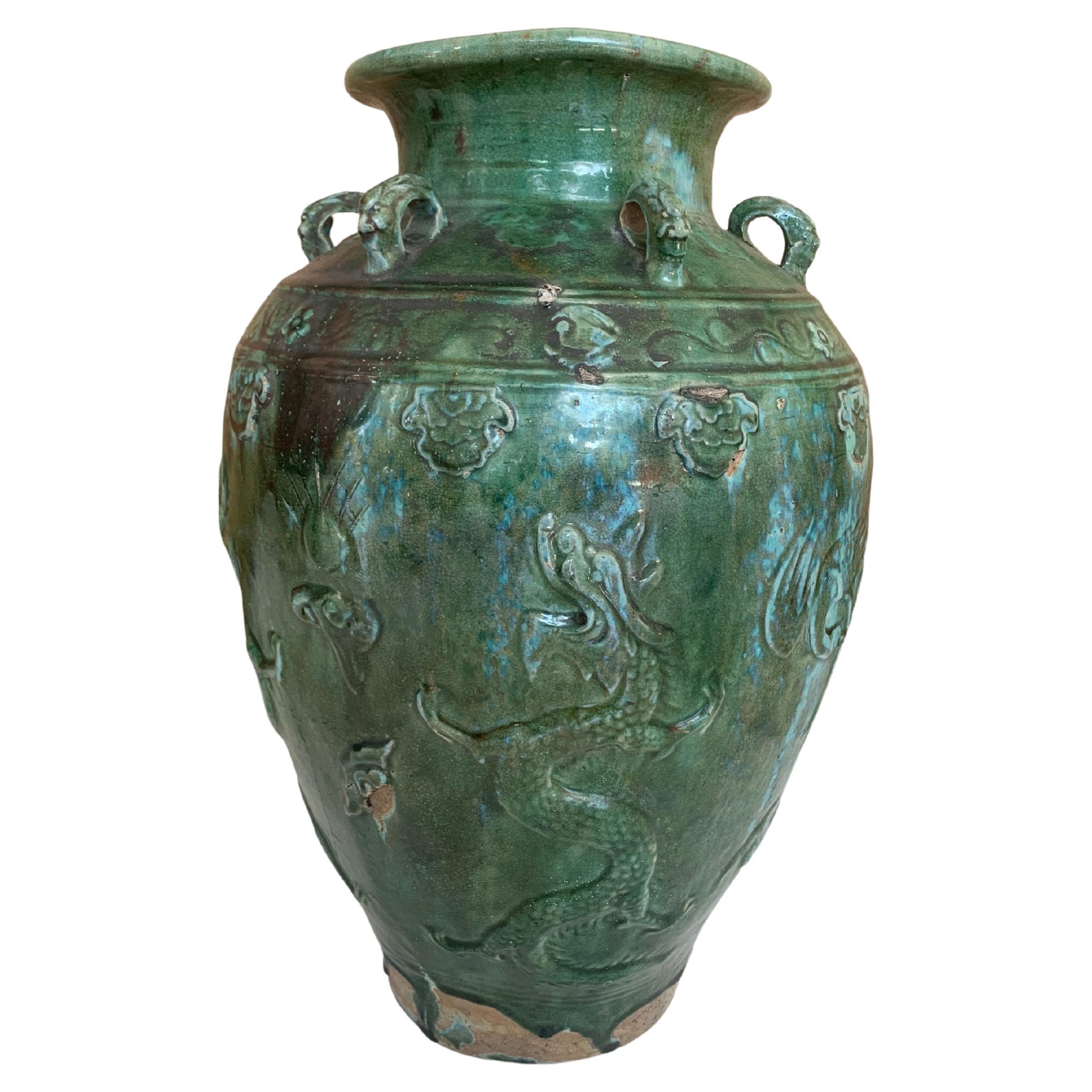 Chinese Ceramic "Martaban" Jar with Dragon Engravings & Tiger Medallions