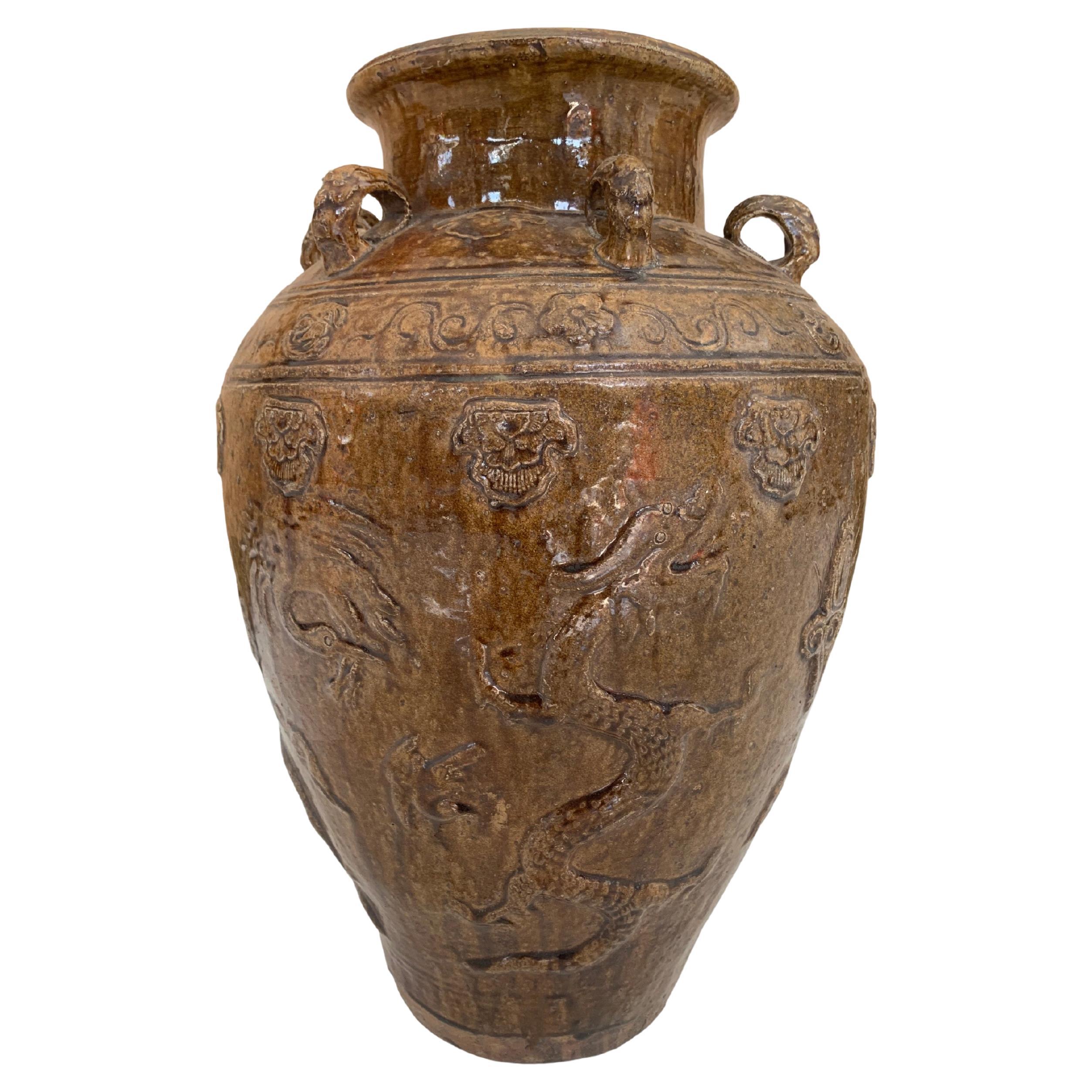 Chinese Ceramic "Martaban" Jar with Dragon Engravings & Tiger Medallions