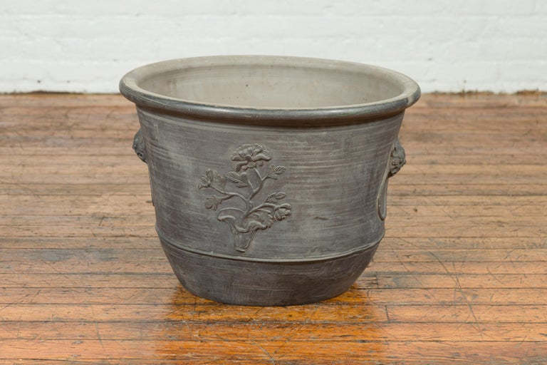 Large Chinese Ceramic Planter with Floral Motifs and Lateral Handles