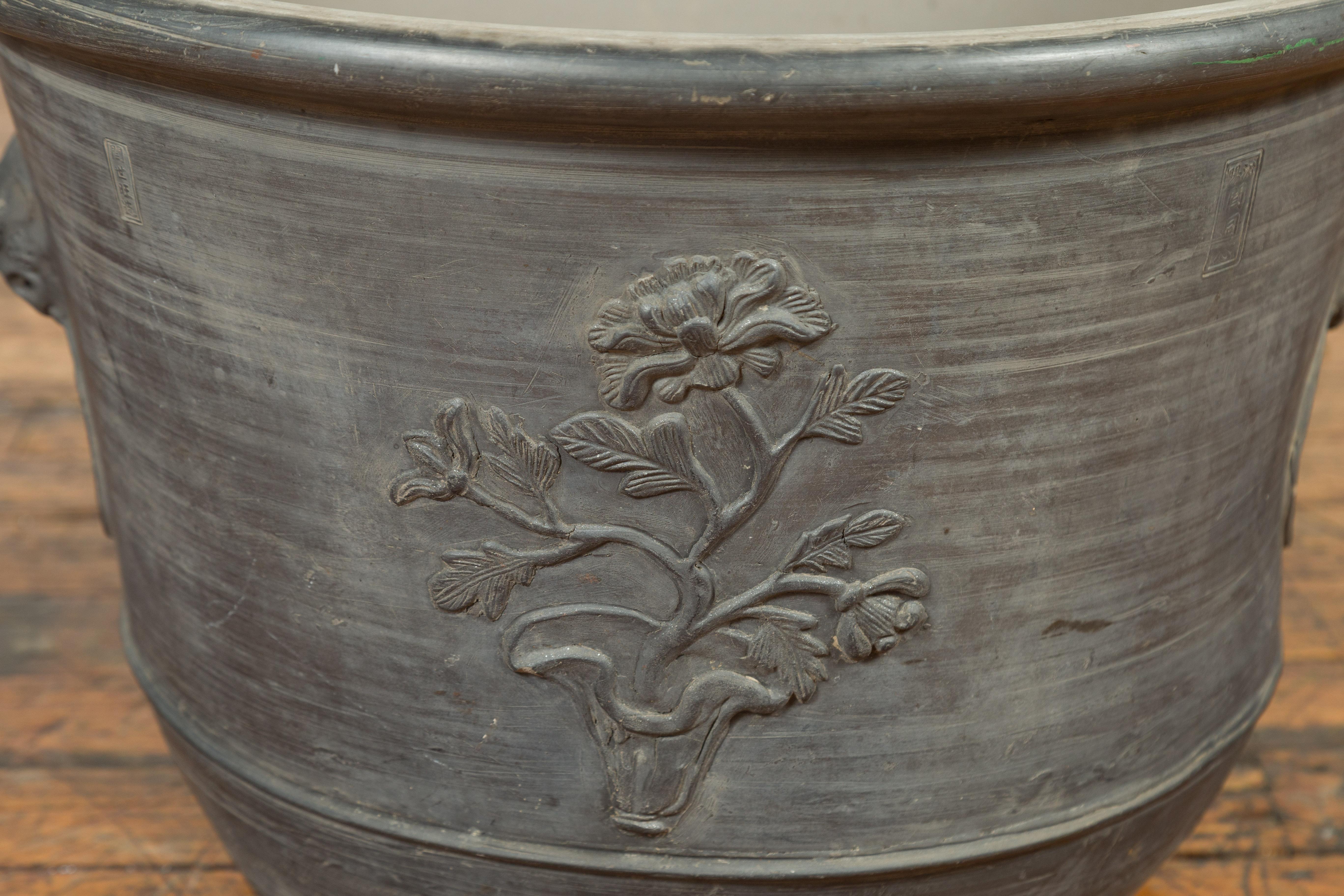 20th Century Large Chinese Ceramic Planter with Floral Motifs and Lateral Handles