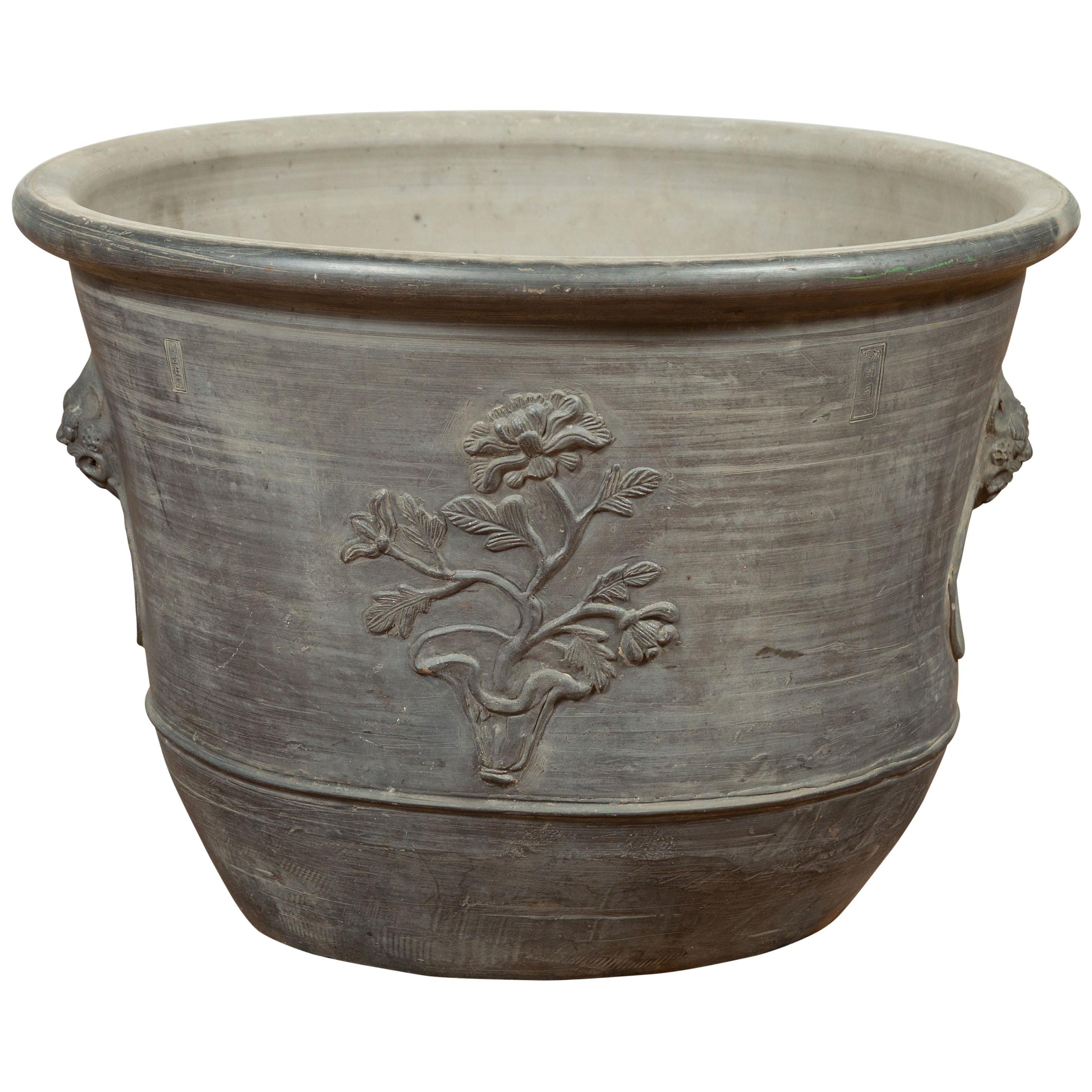 Large Chinese Ceramic Planter with Floral Motifs and Lateral Handles