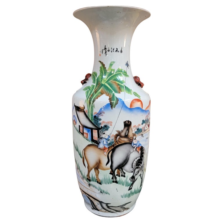 Large Chinese Ceramic Vase Early 20th Century Oxen and Figure For Sale