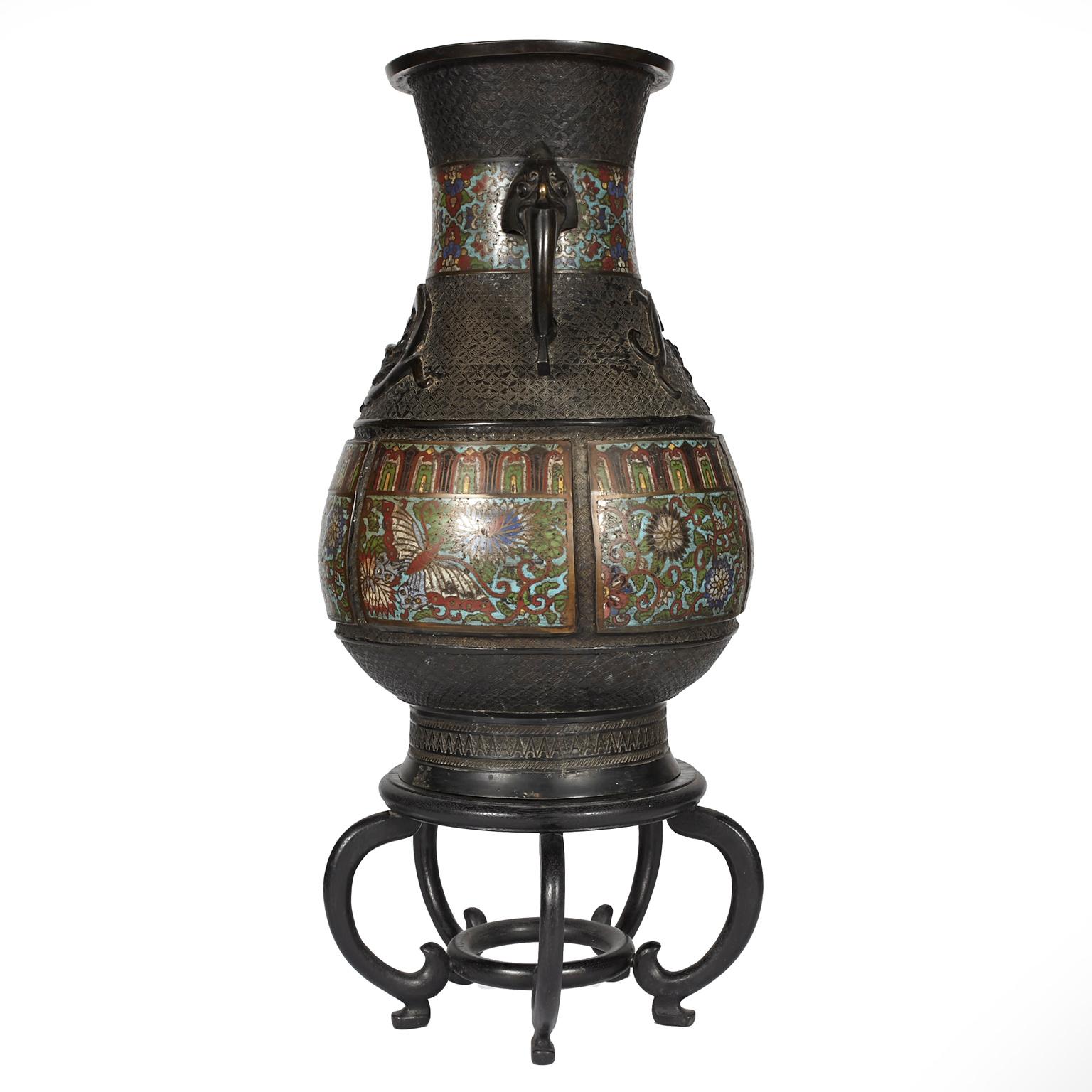 Chinese Export Large Chinese Champlevé Enamel and Bronze Vase/Urn with Rosewood Stand For Sale